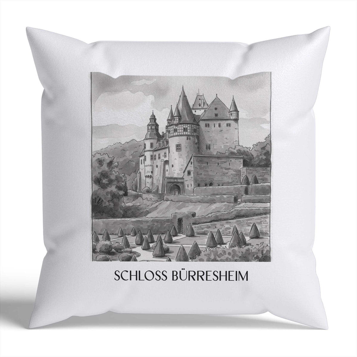 schloss-bürresheim-eifel-deutschland-kissenbezug-aquarell-schwarz-weiss