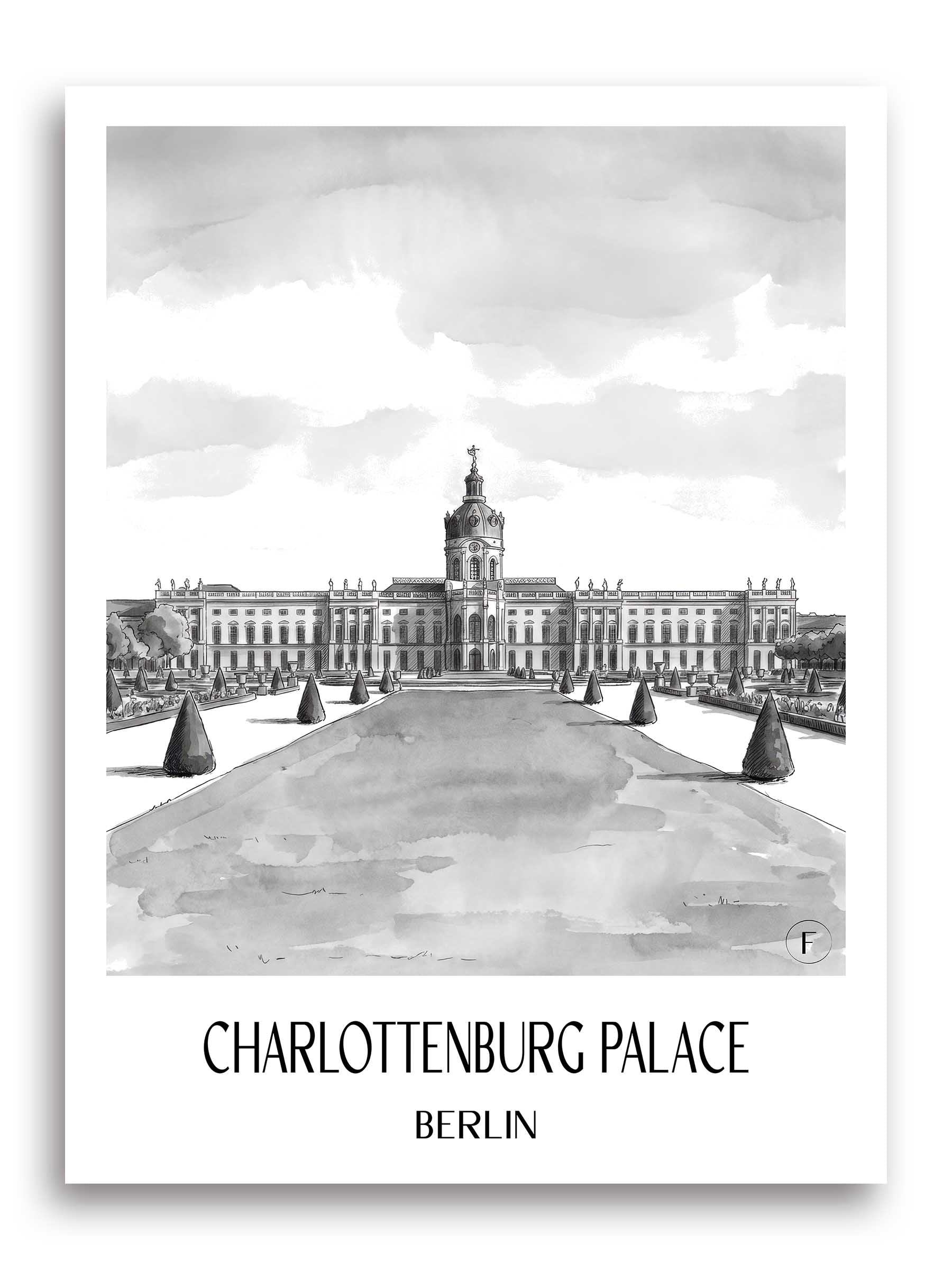 Schloss Charlottenburg Poster - Berlin - Deutschland Kunstdruck - Aquarell Schwarz-Weiß von A4 bis A1 - favplace