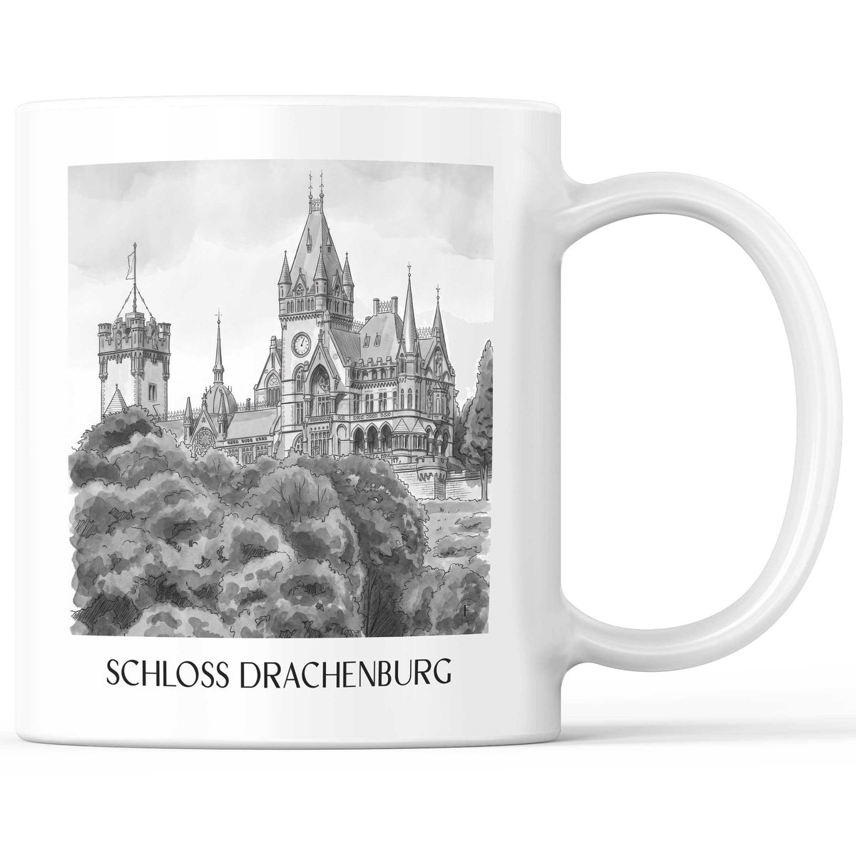 schloss-drachenburg-königswinter-deutschland-kaffeebecher-aquarell-schwarz-weiss