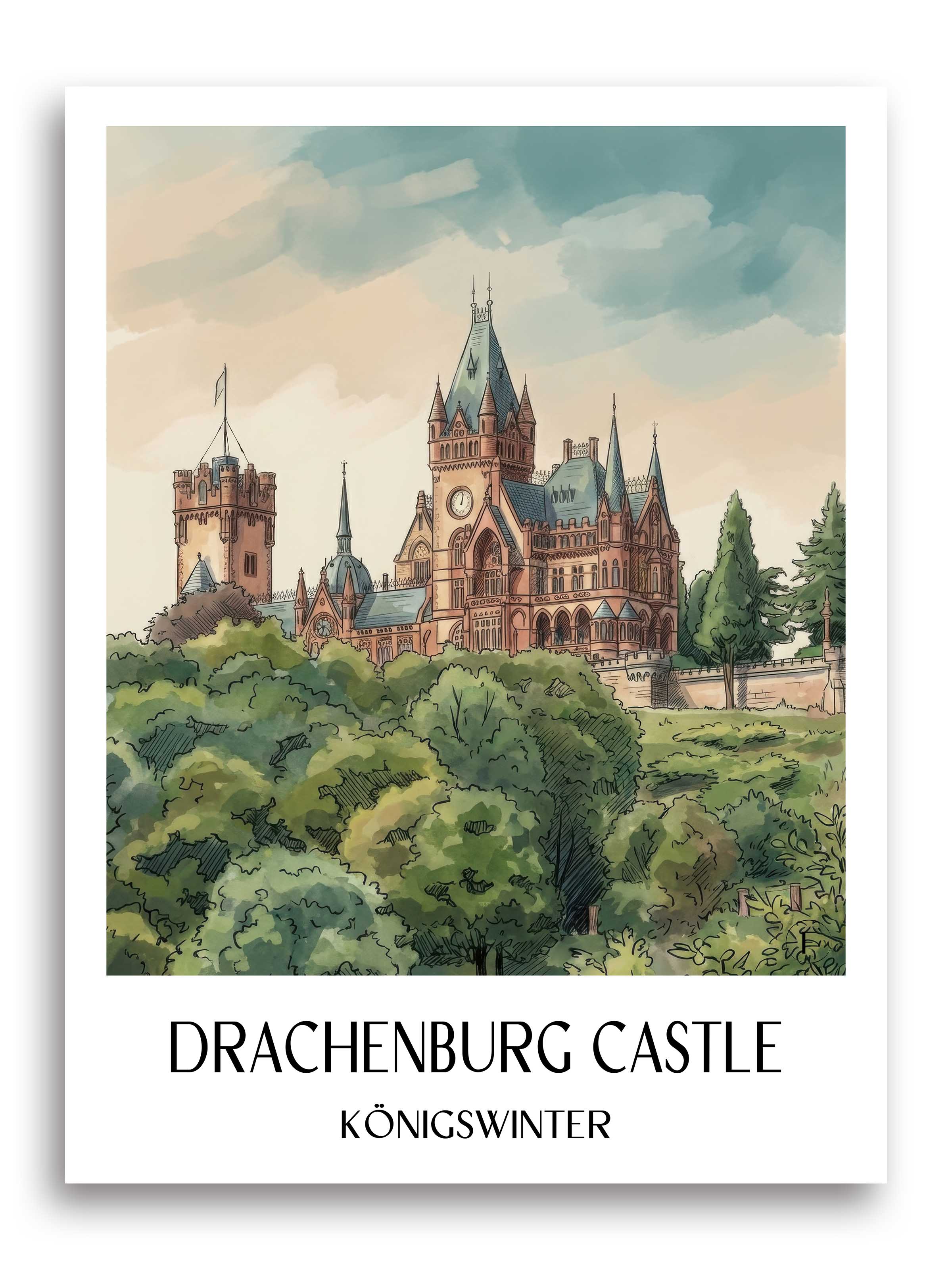 Schloss Drachenburg Poster - Königswinter - Deutschland Kunstdruck - Aquarell von A4 bis A1 - favplace