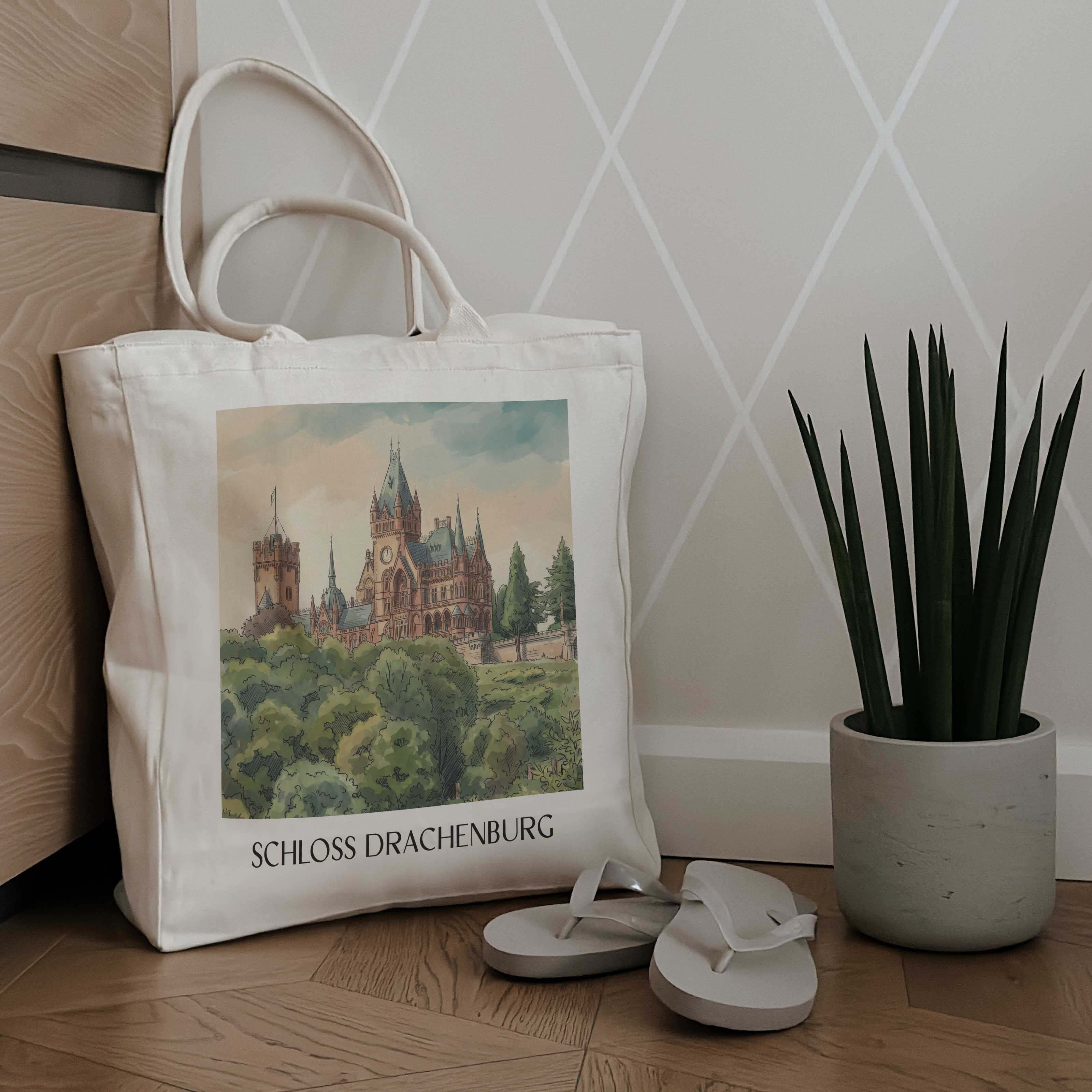 schloss-drachenburg-königswinter-deutschland-einkaufstasche-aquarell