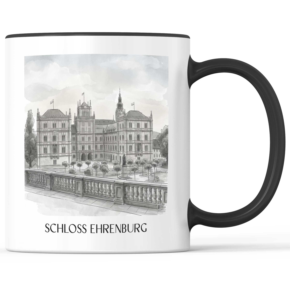 schloss-ehrenburg-coburg-deutschland-kaffeebecher-aquarell-schwarz-weiss