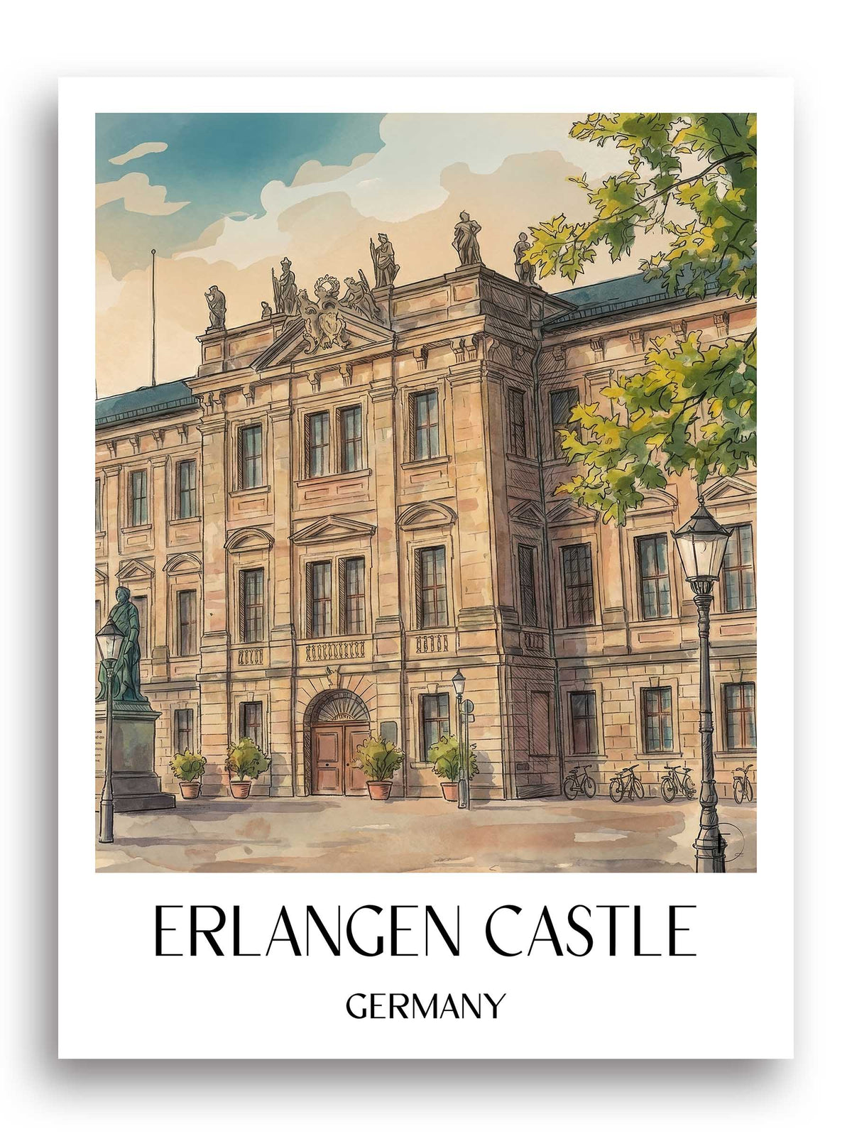 Schloss Erlangen Poster - Bayern - Deutschland Kunstdruck - Aquarell von A4 bis A1 - favplace