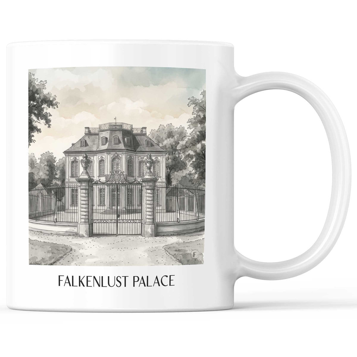 Schloss Falkenlust Kaffeebecher - Brühl - Deutschland Becher - Kaffeetasse im Aquarell Schwarz-Weiß Stil - favplace