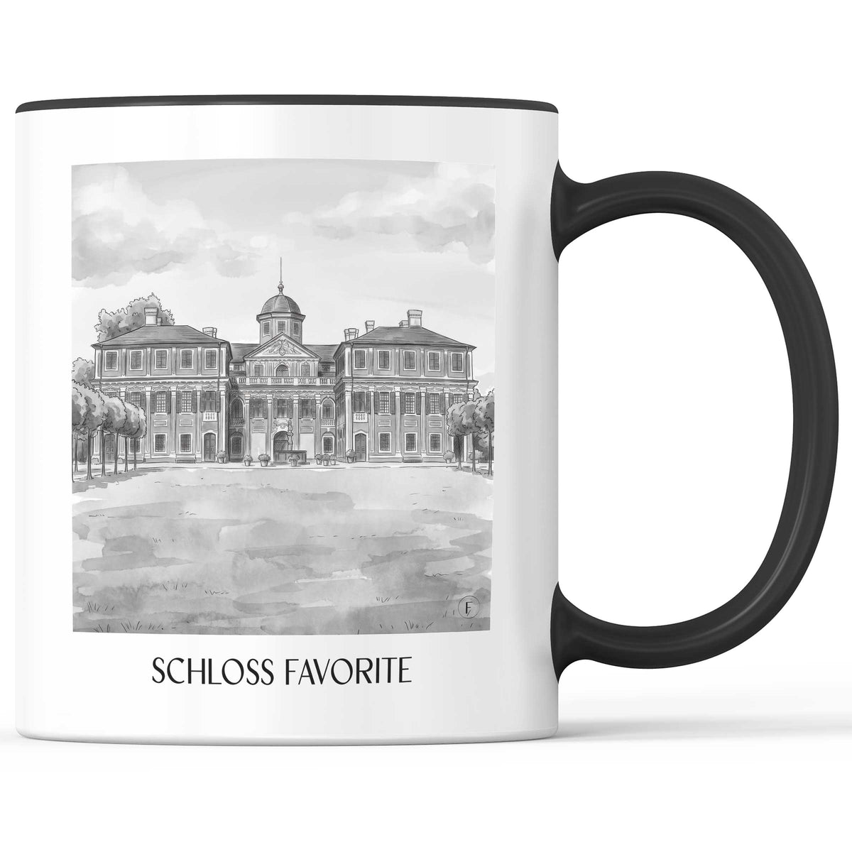 schloss-favorite-rastatt-deutschland-kaffeebecher-aquarell-schwarz-weiss