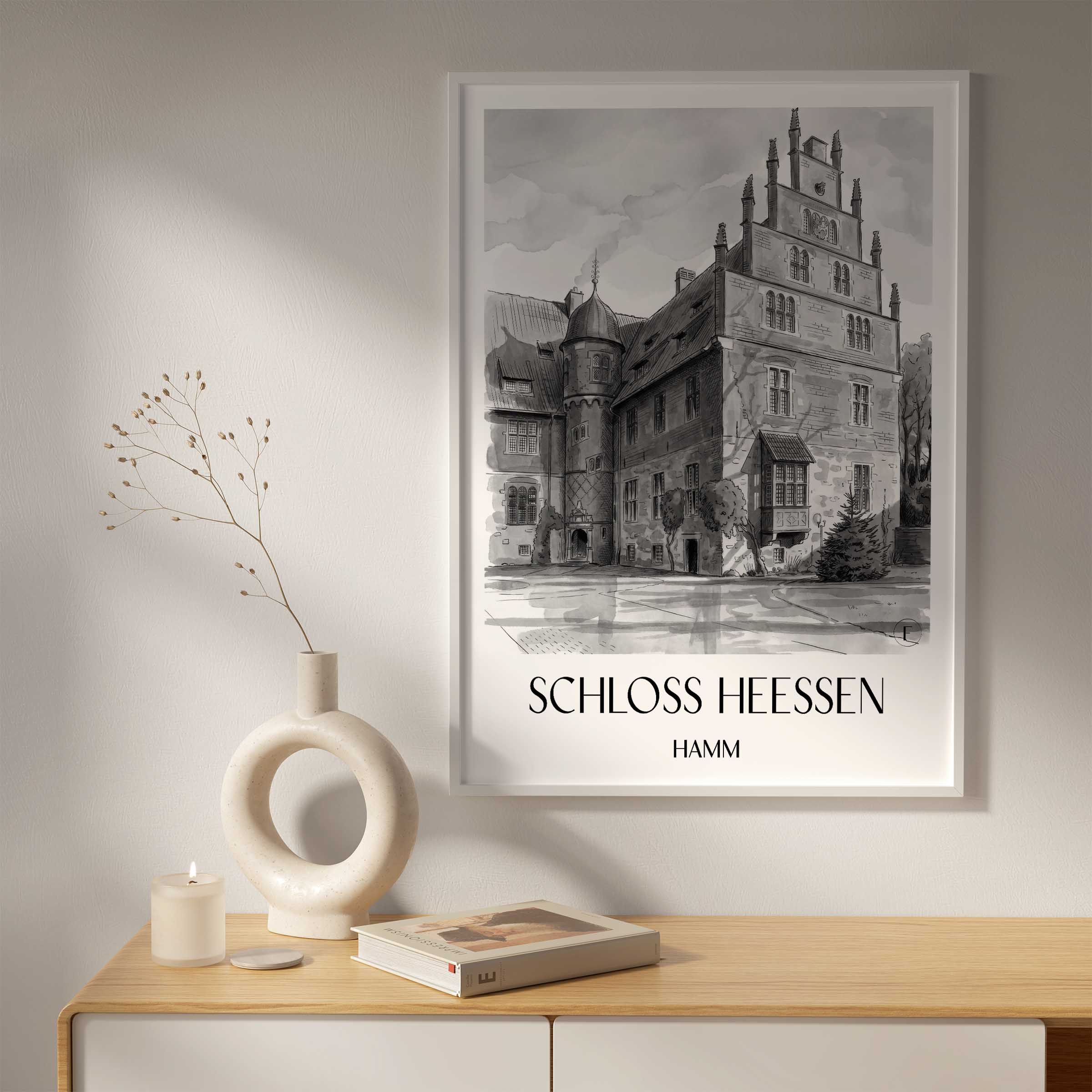 schloss-heessen-hamm-deutschland-poster-aquarell-schwarz-weiss