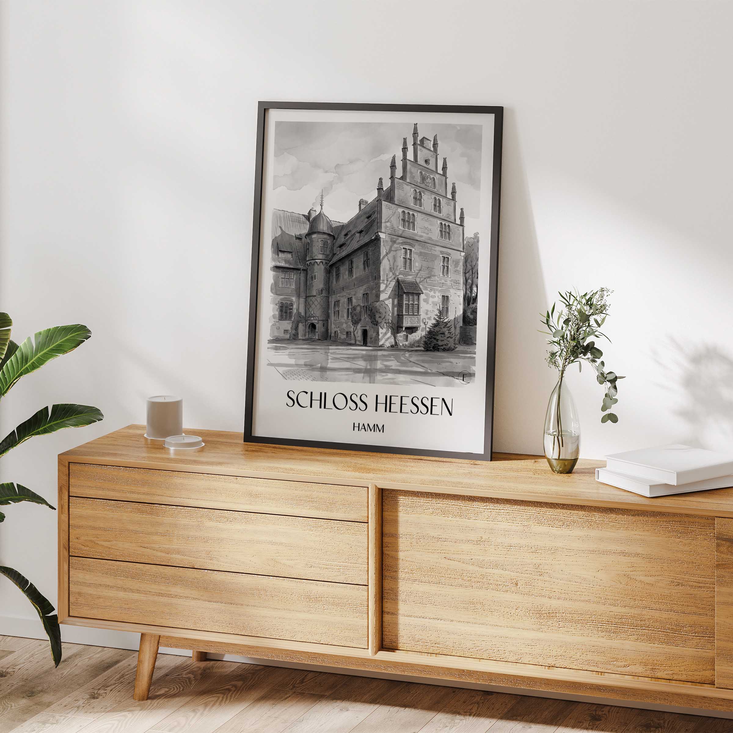 schloss-heessen-hamm-deutschland-poster-aquarell-schwarz-weiss