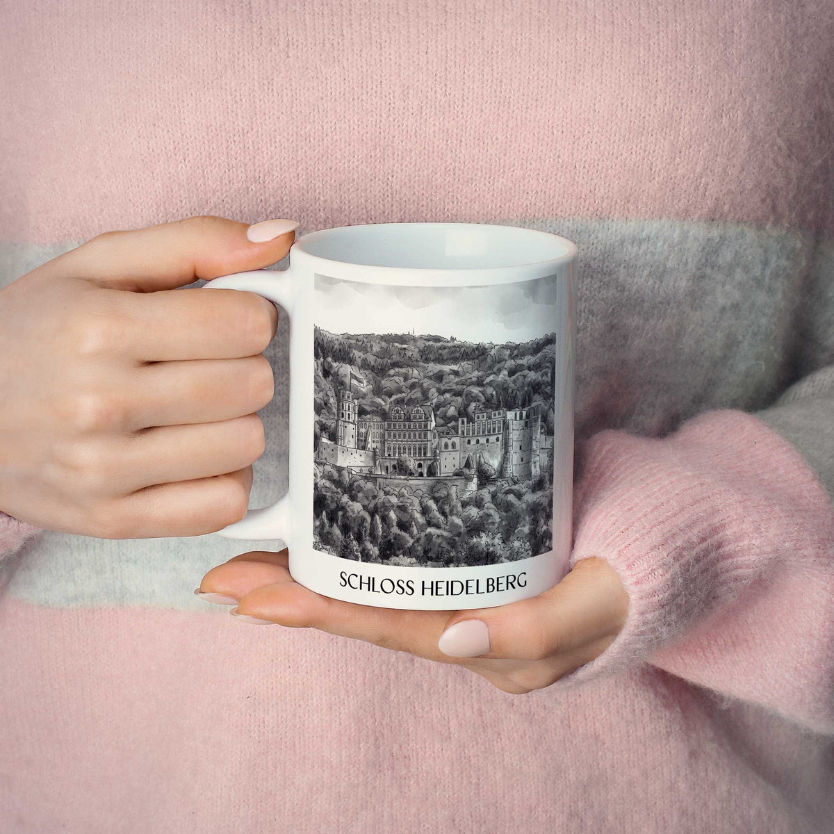schloss-heidelberg-baden-württemberg-deutschland-kaffeebecher-aquarell-schwarz-weiss