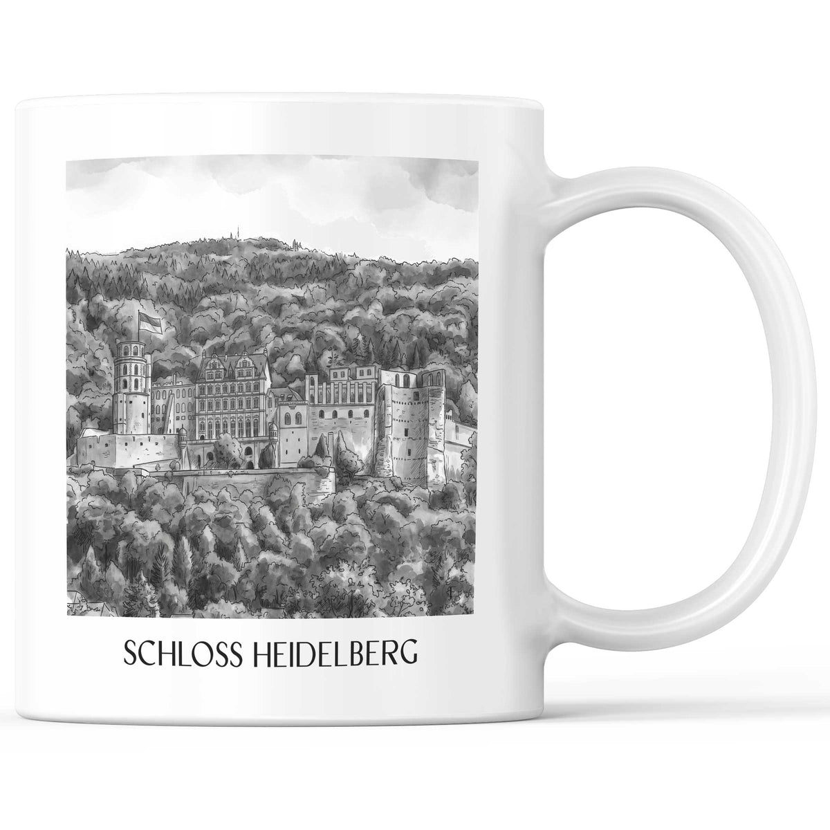 schloss-heidelberg-baden-württemberg-deutschland-kaffeebecher-aquarell-schwarz-weiss