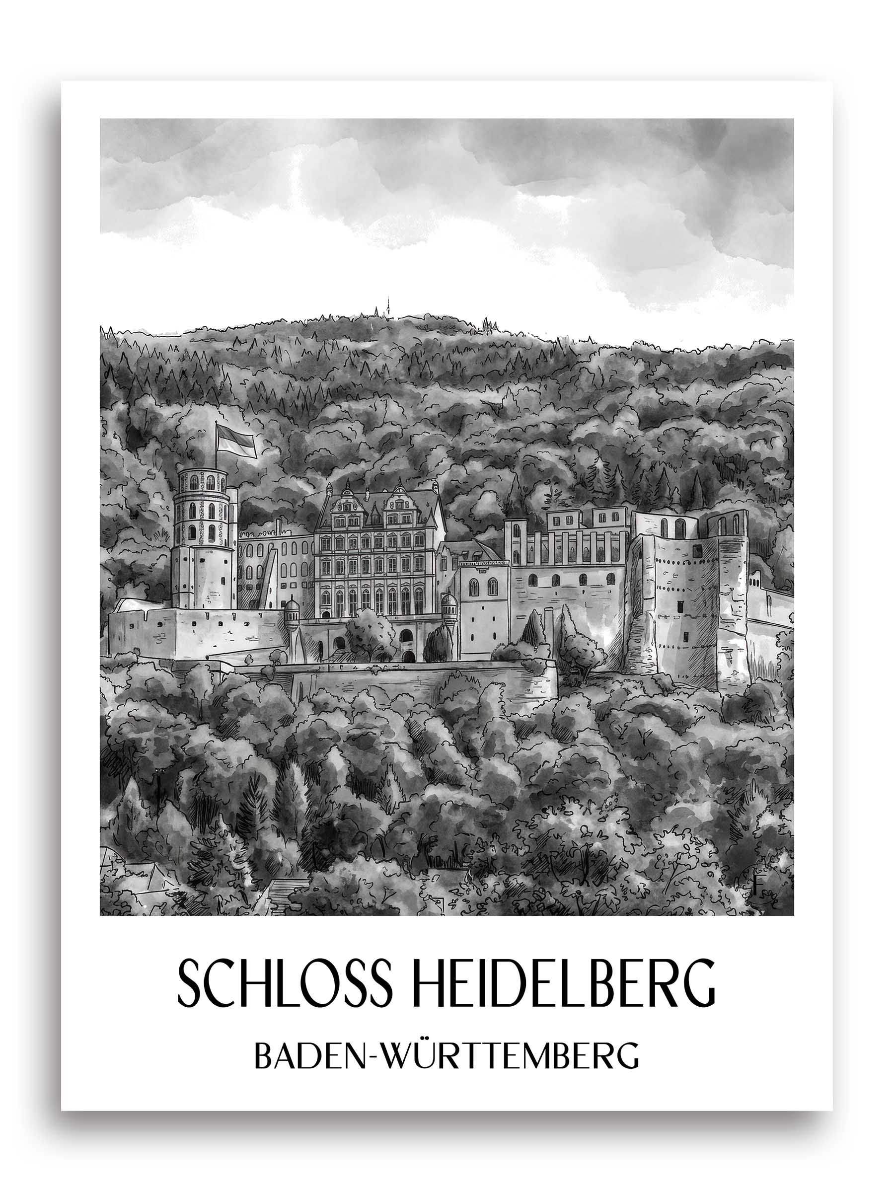schloss-heidelberg-baden-württemberg-deutschland-poster-aquarell-schwarz-weiss