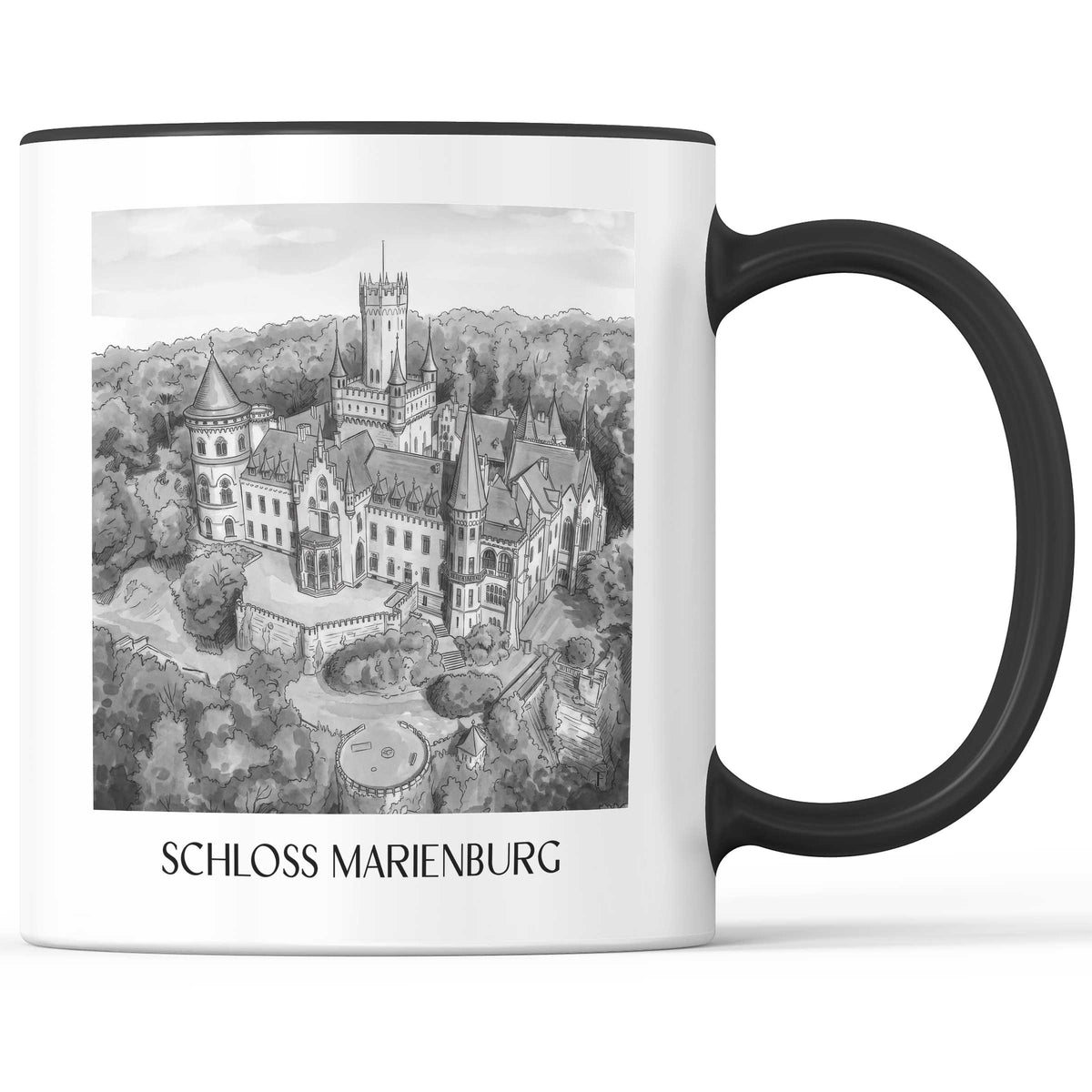 schloss-marienburg-pattensen-deutschland-kaffeebecher-aquarell-schwarz-weiss