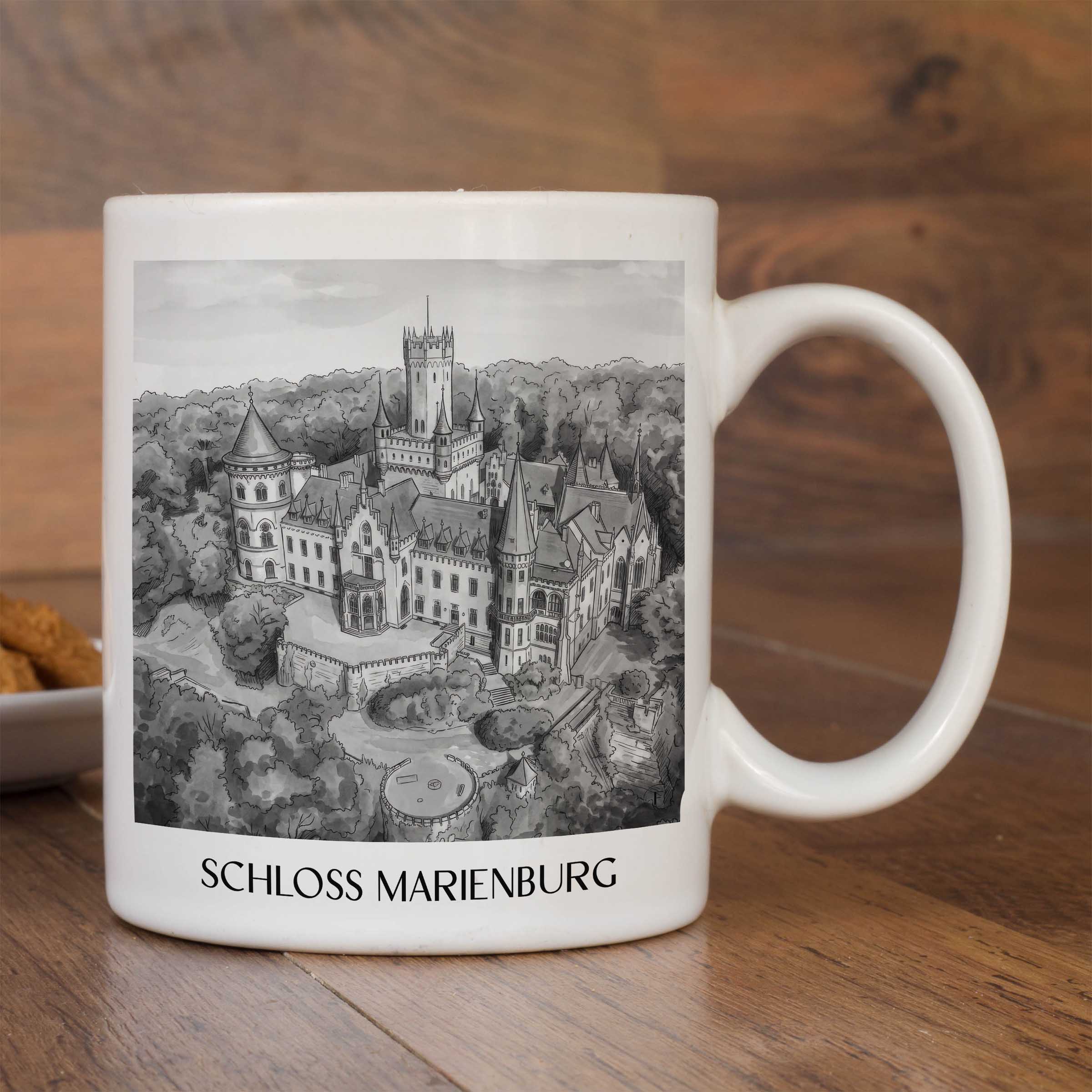 schloss-marienburg-pattensen-deutschland-kaffeebecher-aquarell-schwarz-weiss