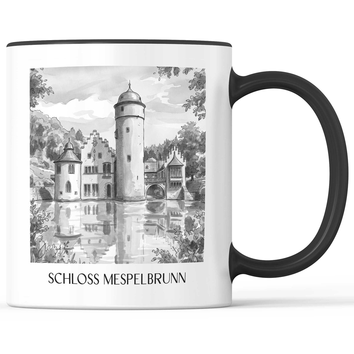 schloss-mespelbrunn-spessart-deutschland-kaffeebecher-aquarell-schwarz-weiss