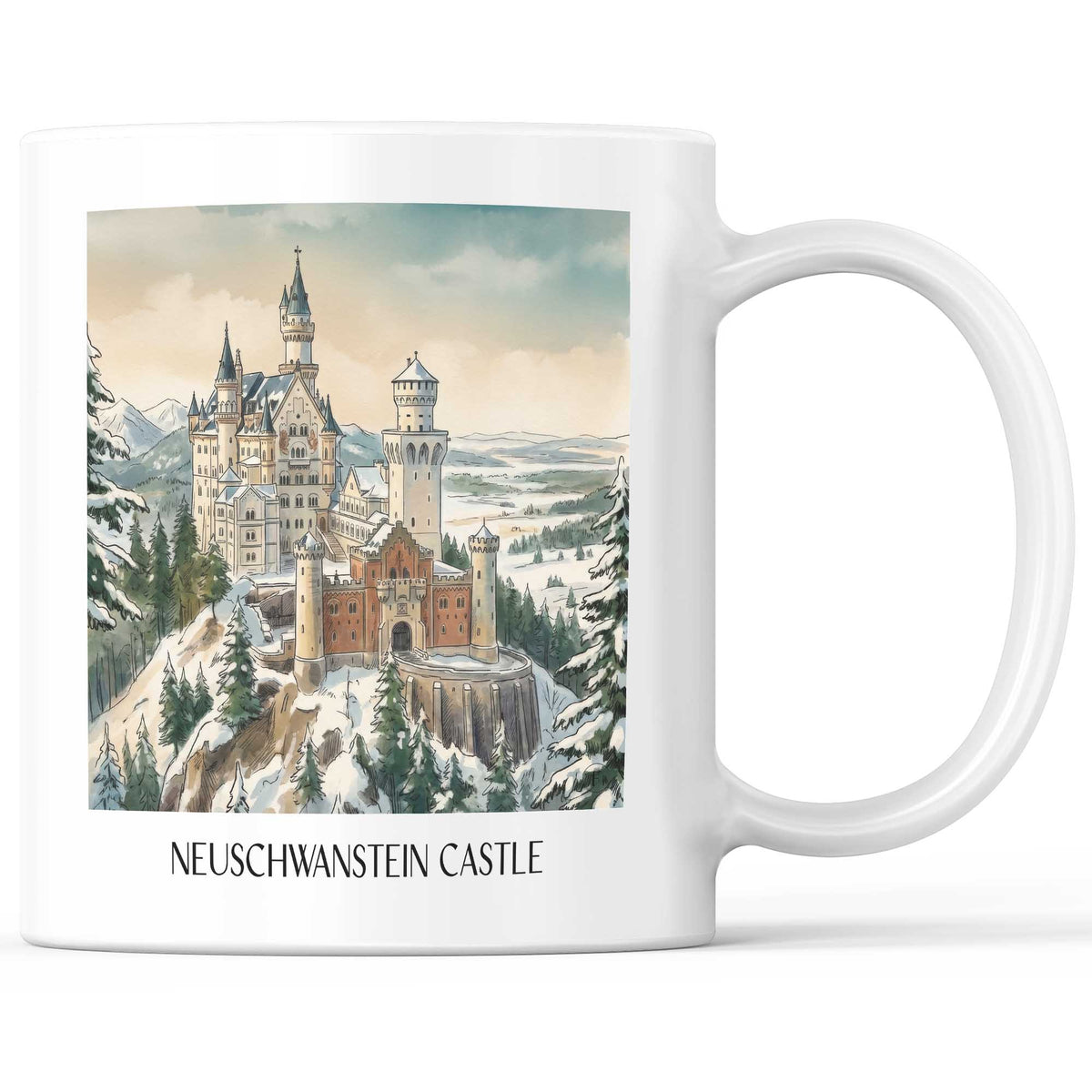 Schloss Neuschwanstein (im Winter) Kaffeebecher - Ostallgäu - Deutschland Becher - Kaffeetasse im Aquarell Stil - favplace