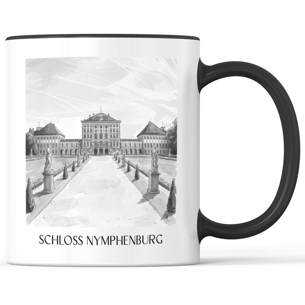 schloss-nymphenburg-münchen-deutschland-kaffeebecher-aquarell-schwarz-weiss