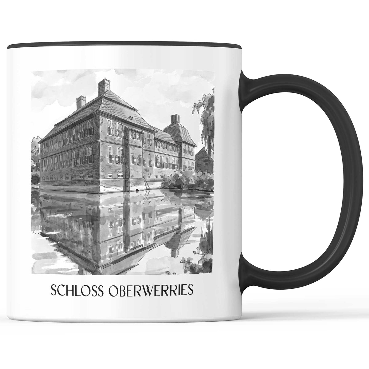 schloss-oberwerries-hamm-deutschland-kaffeebecher-aquarell-schwarz-weiss