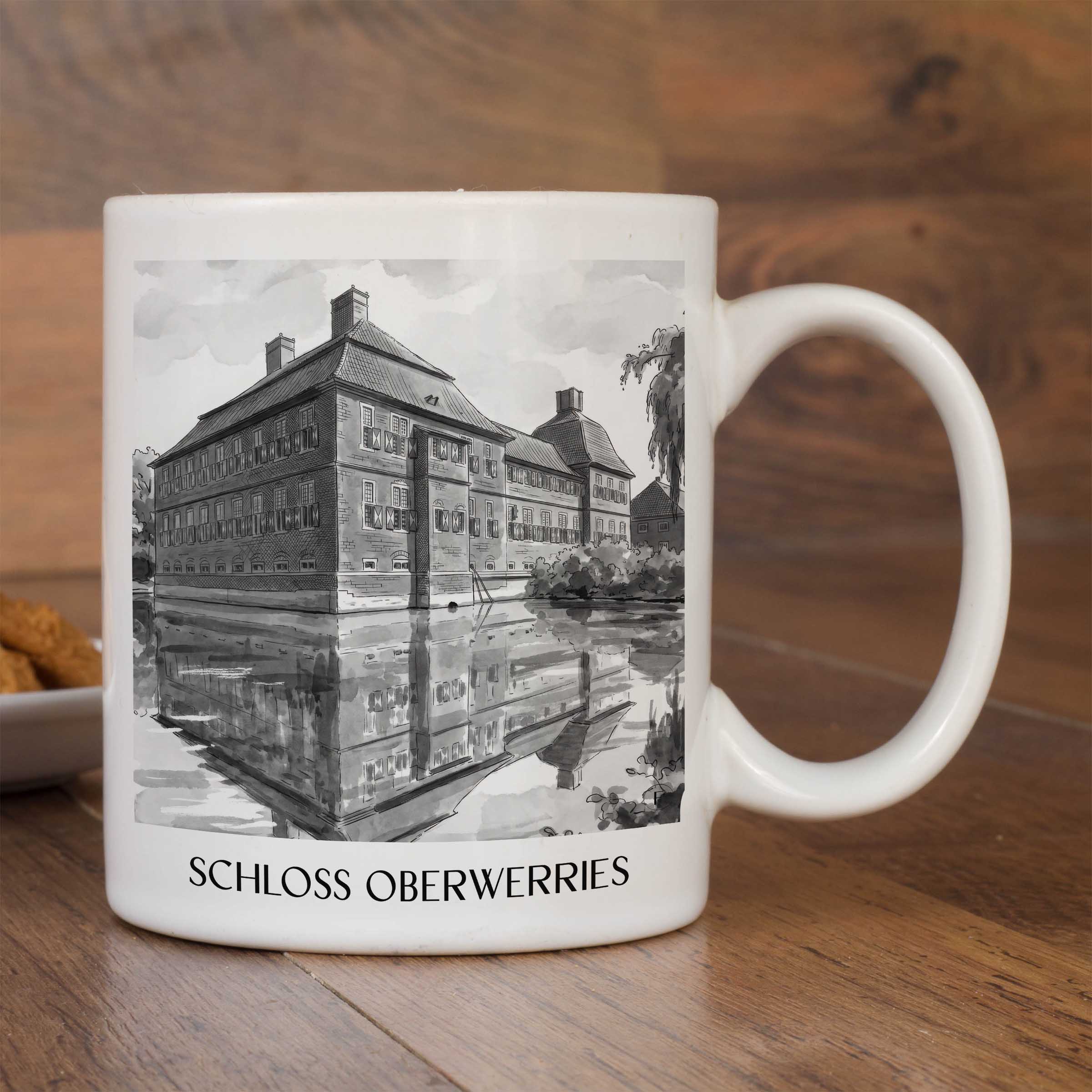 schloss-oberwerries-hamm-deutschland-kaffeebecher-aquarell-schwarz-weiss