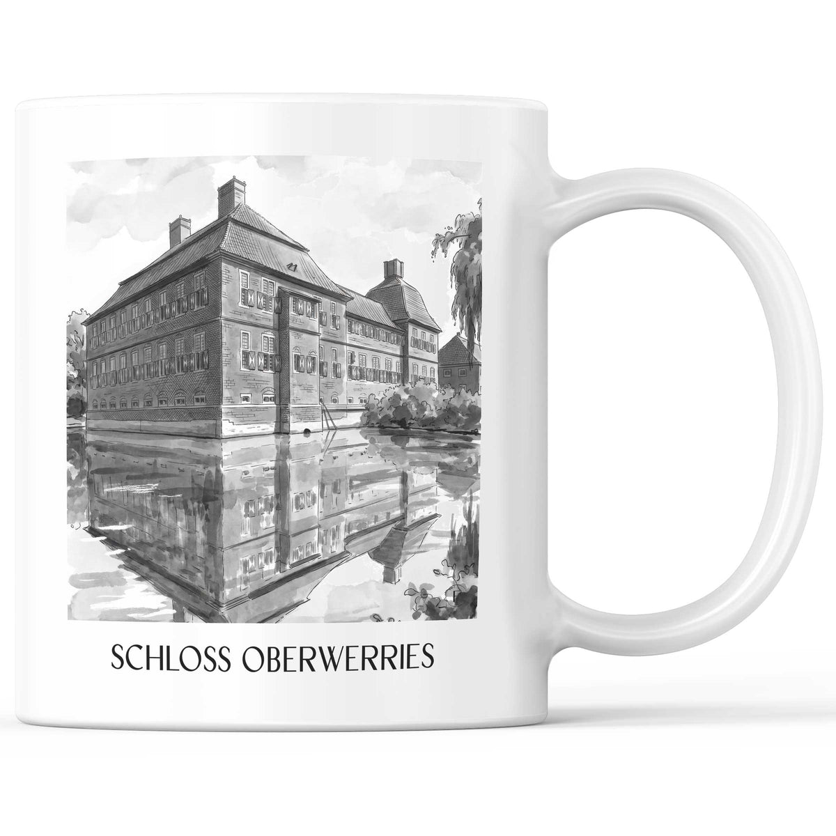 schloss-oberwerries-hamm-deutschland-kaffeebecher-aquarell-schwarz-weiss