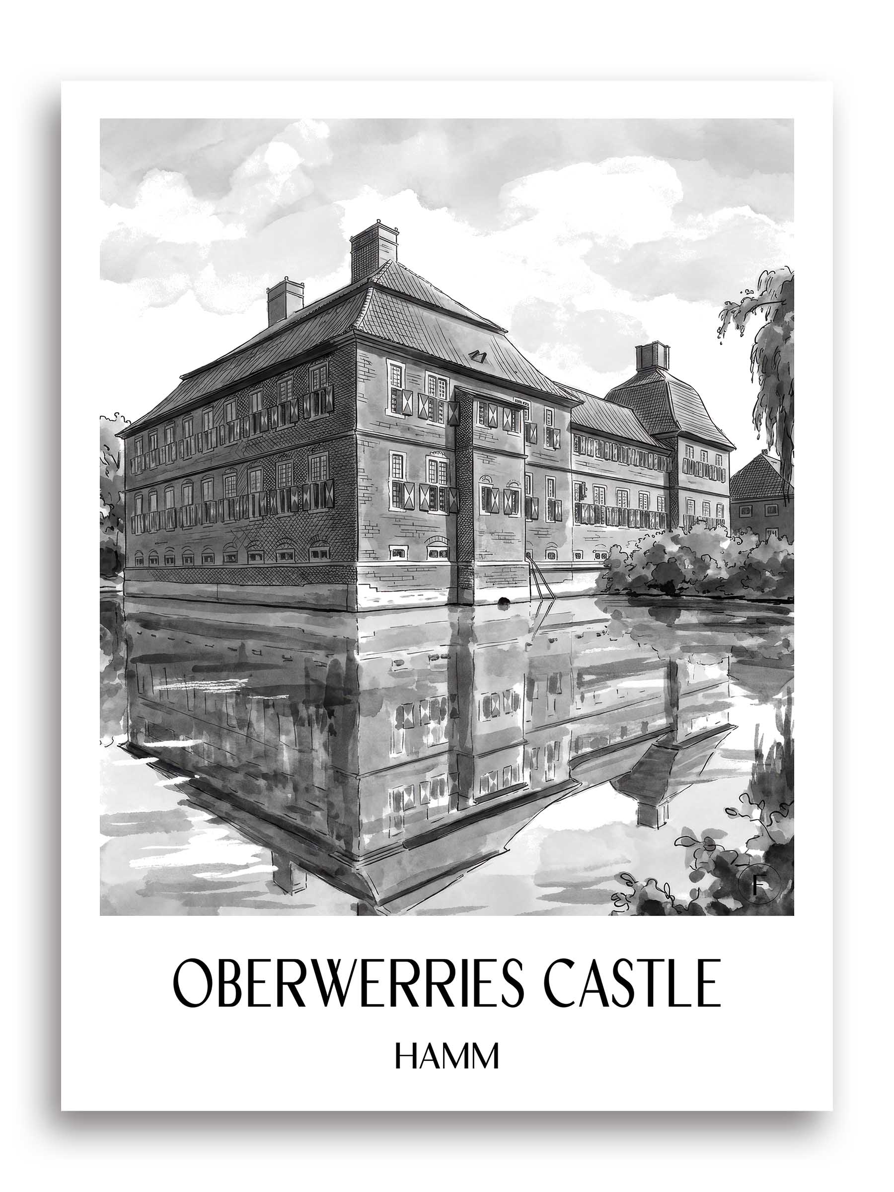 Schloss Oberwerries Poster - Hamm - Deutschland Kunstdruck - Aquarell Schwarz-Weiß von A4 bis A1
