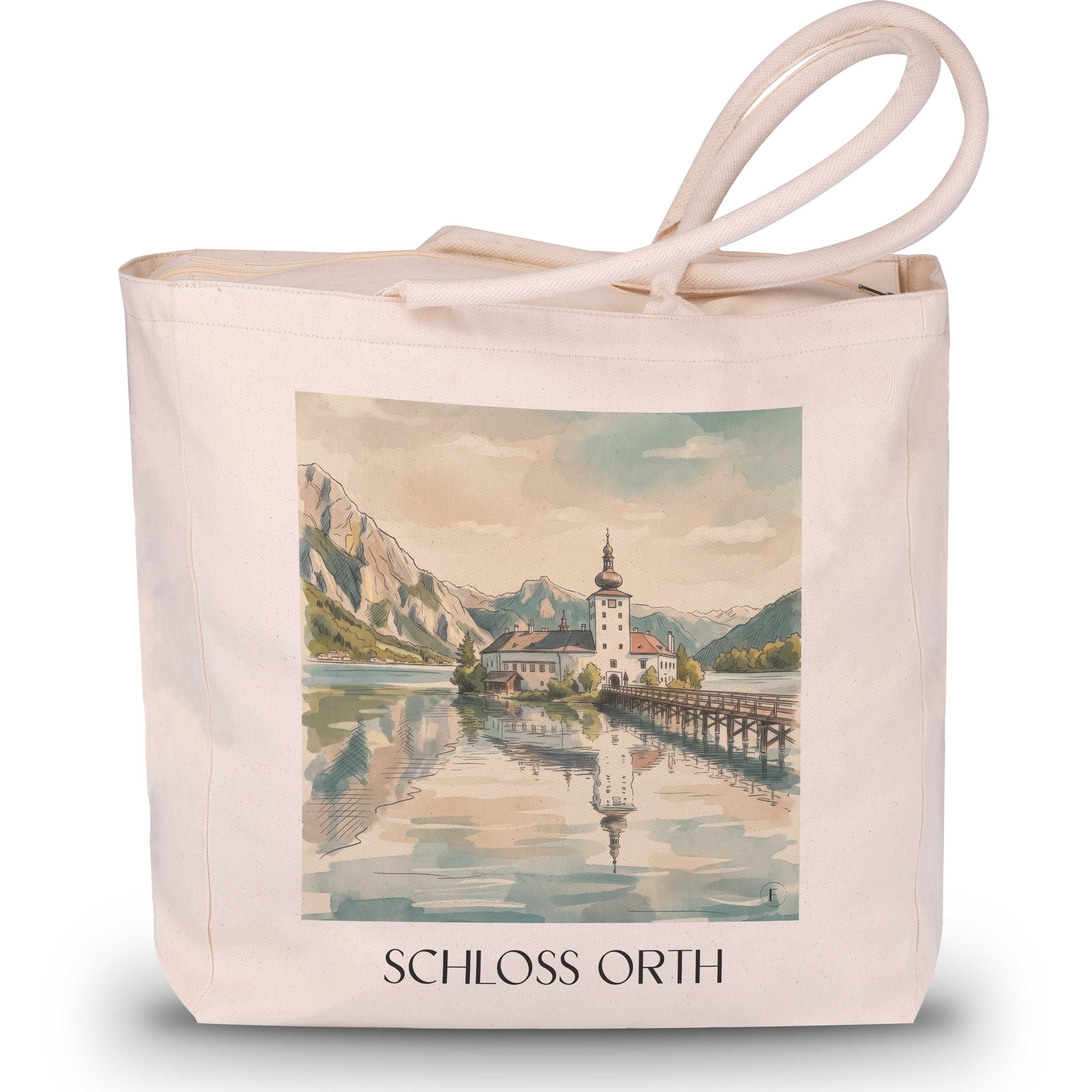 schloss-orth-gmunden-österreich-einkaufstasche-aquarell