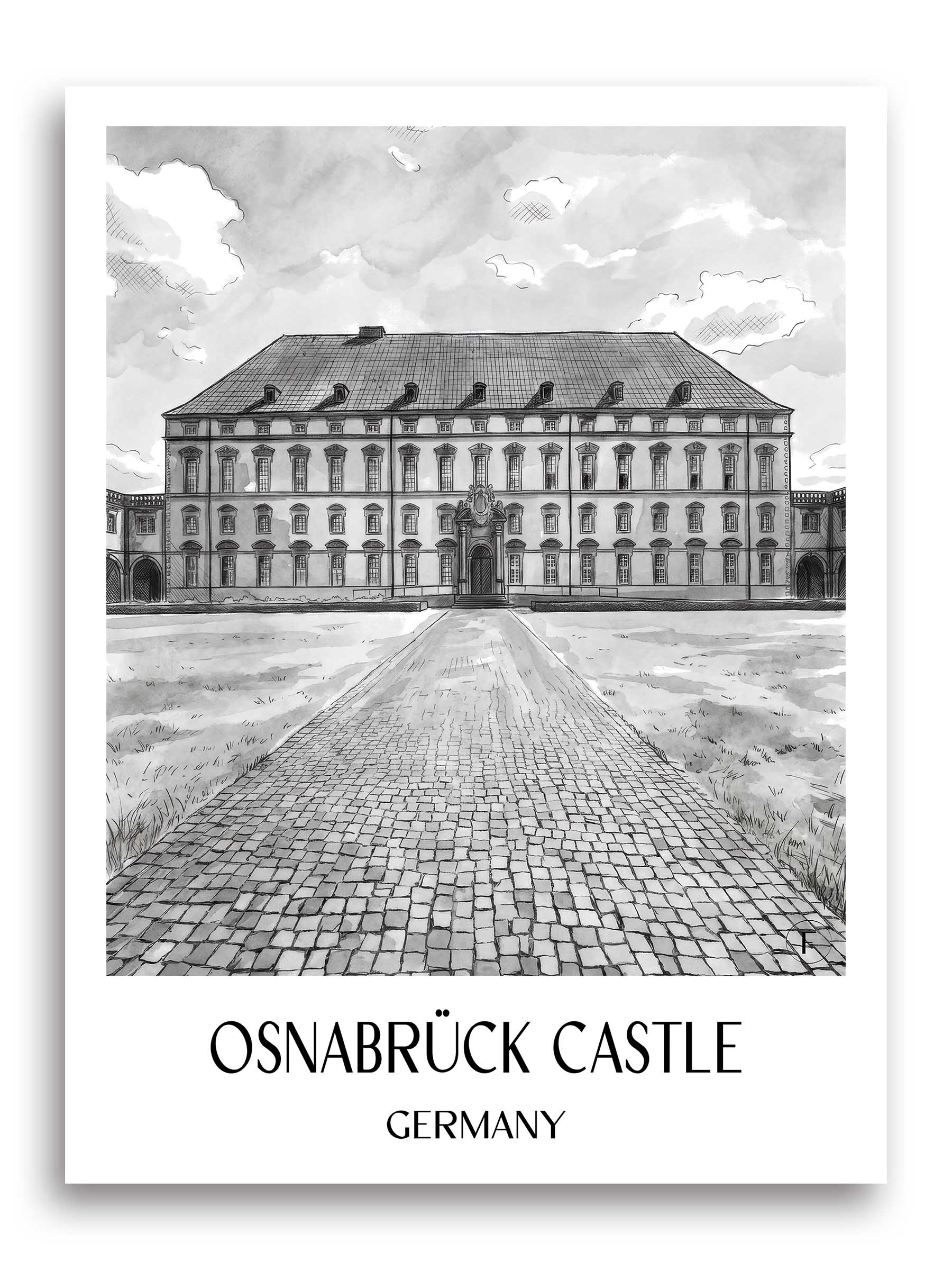 Schloss Osnabrück Poster - Niedersachsen - Deutschland Kunstdruck - Aquarell Schwarz-Weiß von A4 bis A1