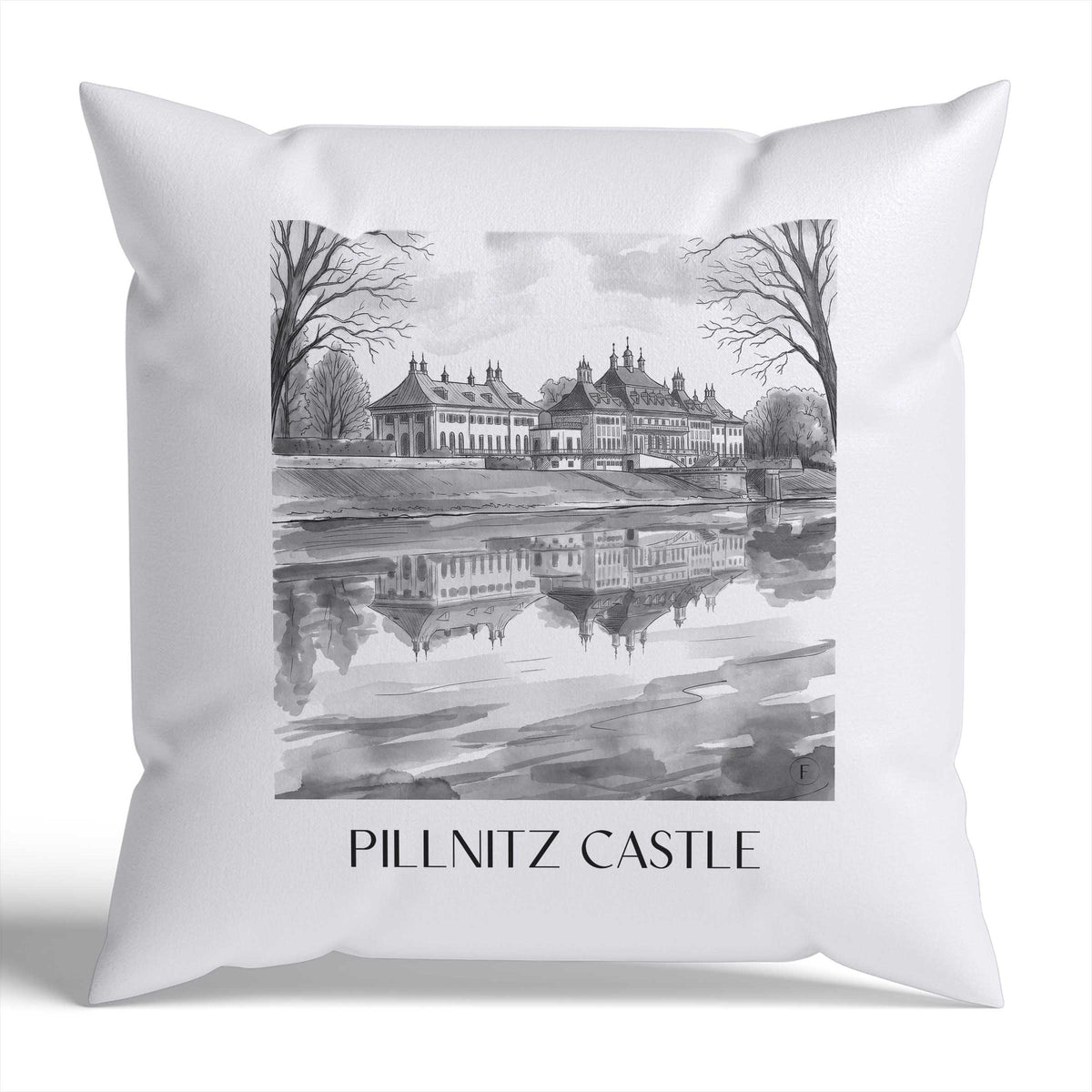 Schloss Pilnitz Kissenhülle - Zierkissen Bezug - Dresden - Deutschland Kissen bzw. Kissenbezug im Aquarell Schwarz-Weiß Stil - favplace