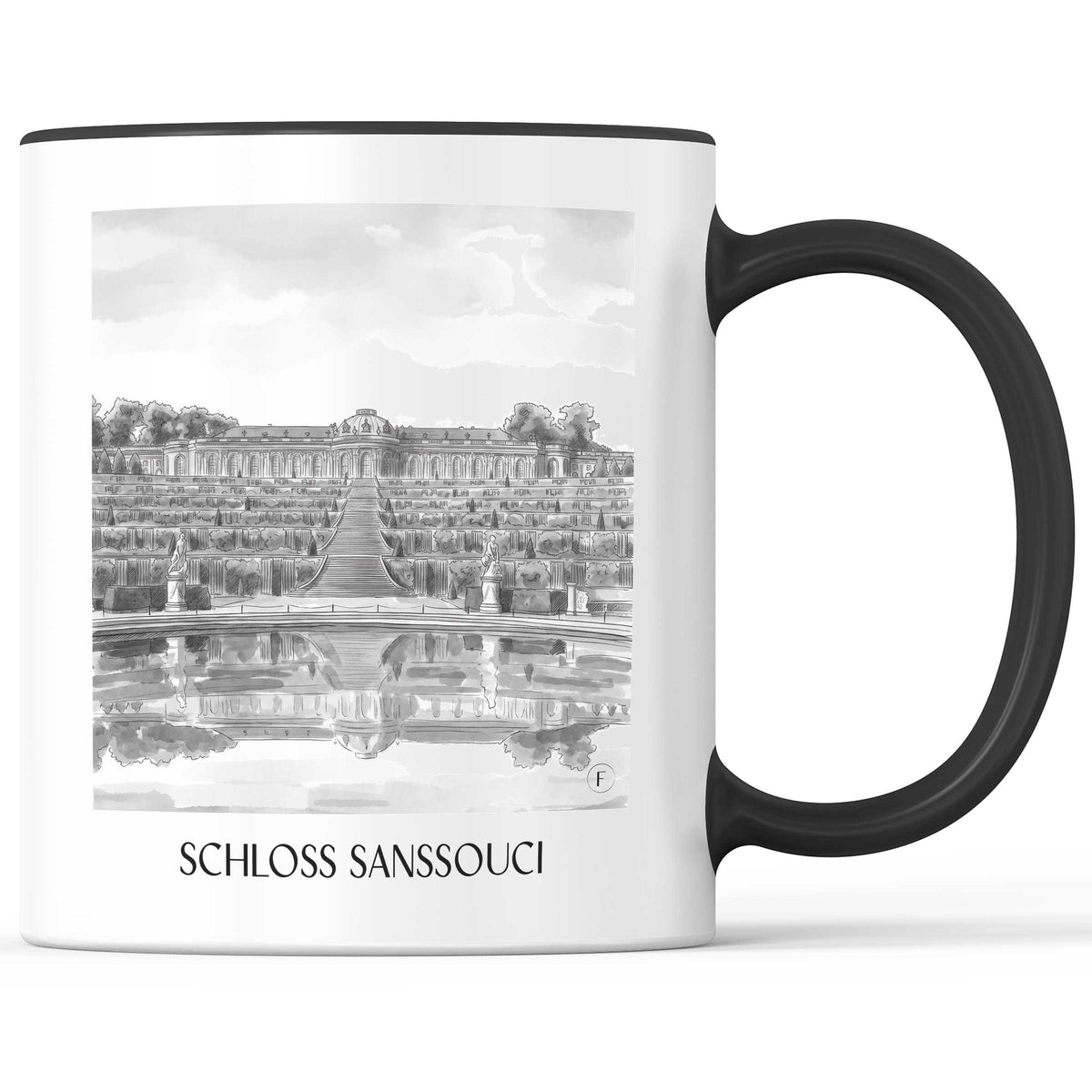 schloss-sanssouci-potsdam-deutschland-kaffeebecher-aquarell-schwarz-weiss