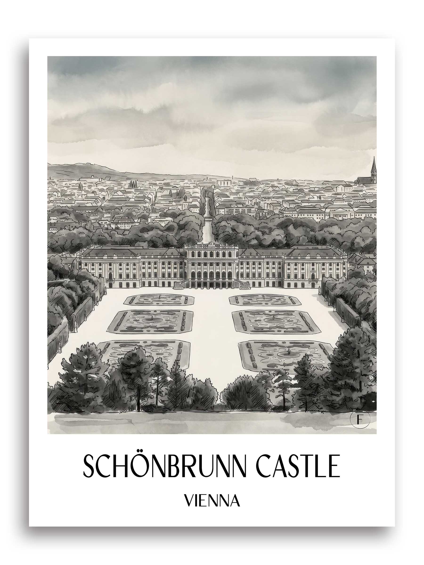 Schloss Schönbrunn Poster - Wien - Österreich Kunstdruck - Aquarell Schwarz-Weiß von A4 bis A1 - favplace