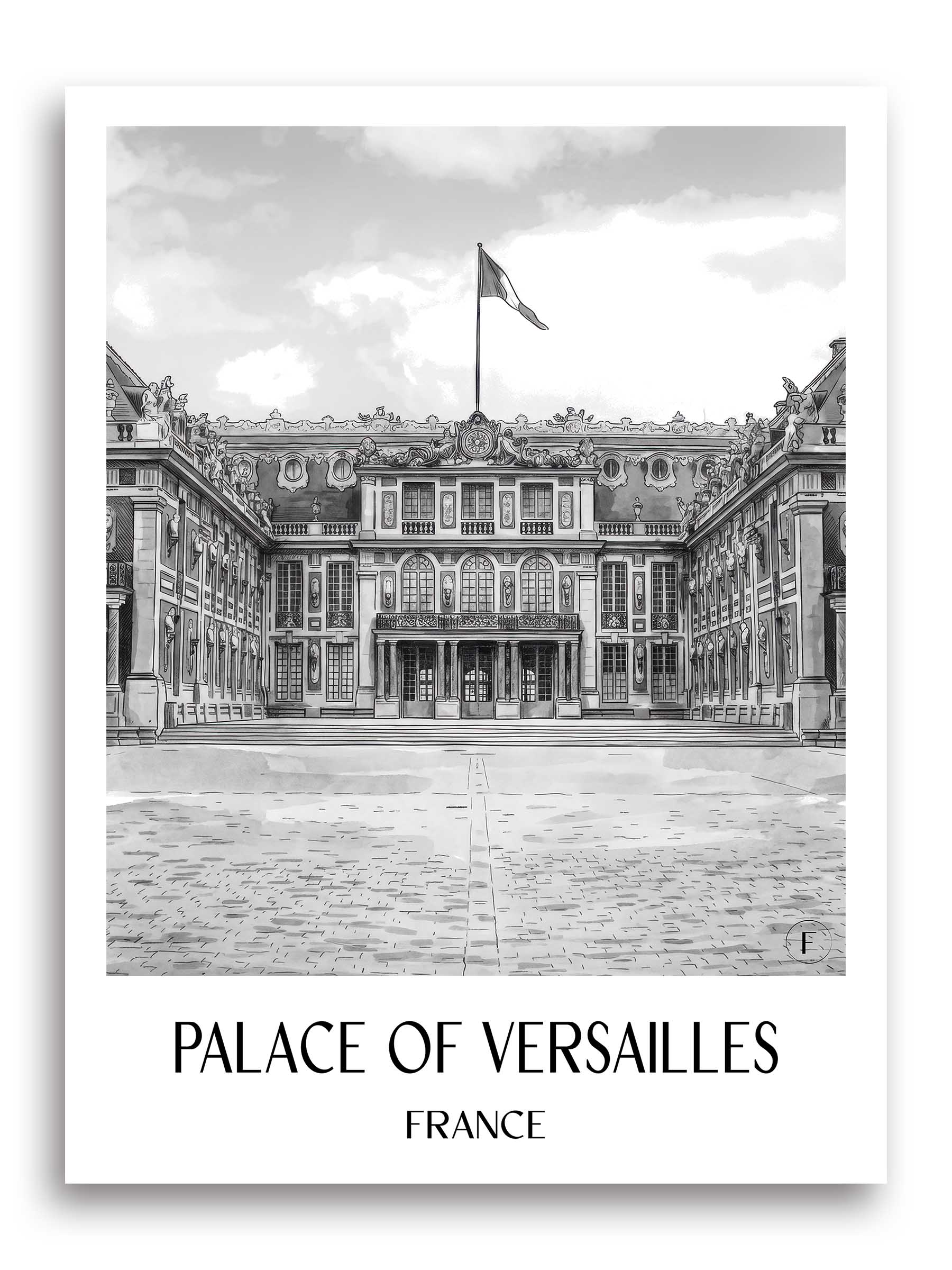 Schloss Versailles Poster - Frankreich - Frankreich Kunstdruck - Aquarell Schwarz-Weiß von A4 bis A1 - favplace