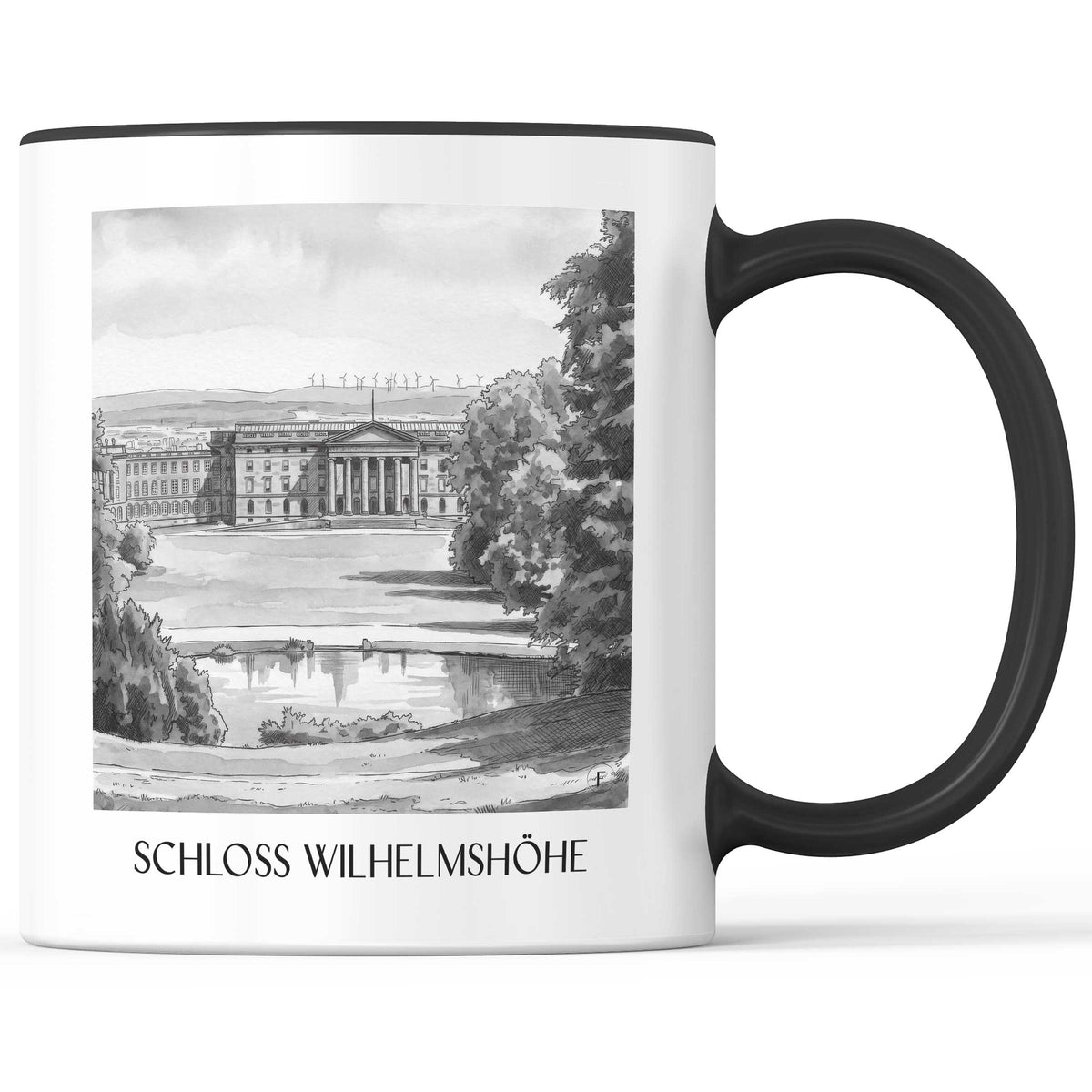 schloss-wilhelmshöhe-kassel-deutschland-kaffeebecher-aquarell-schwarz-weiss