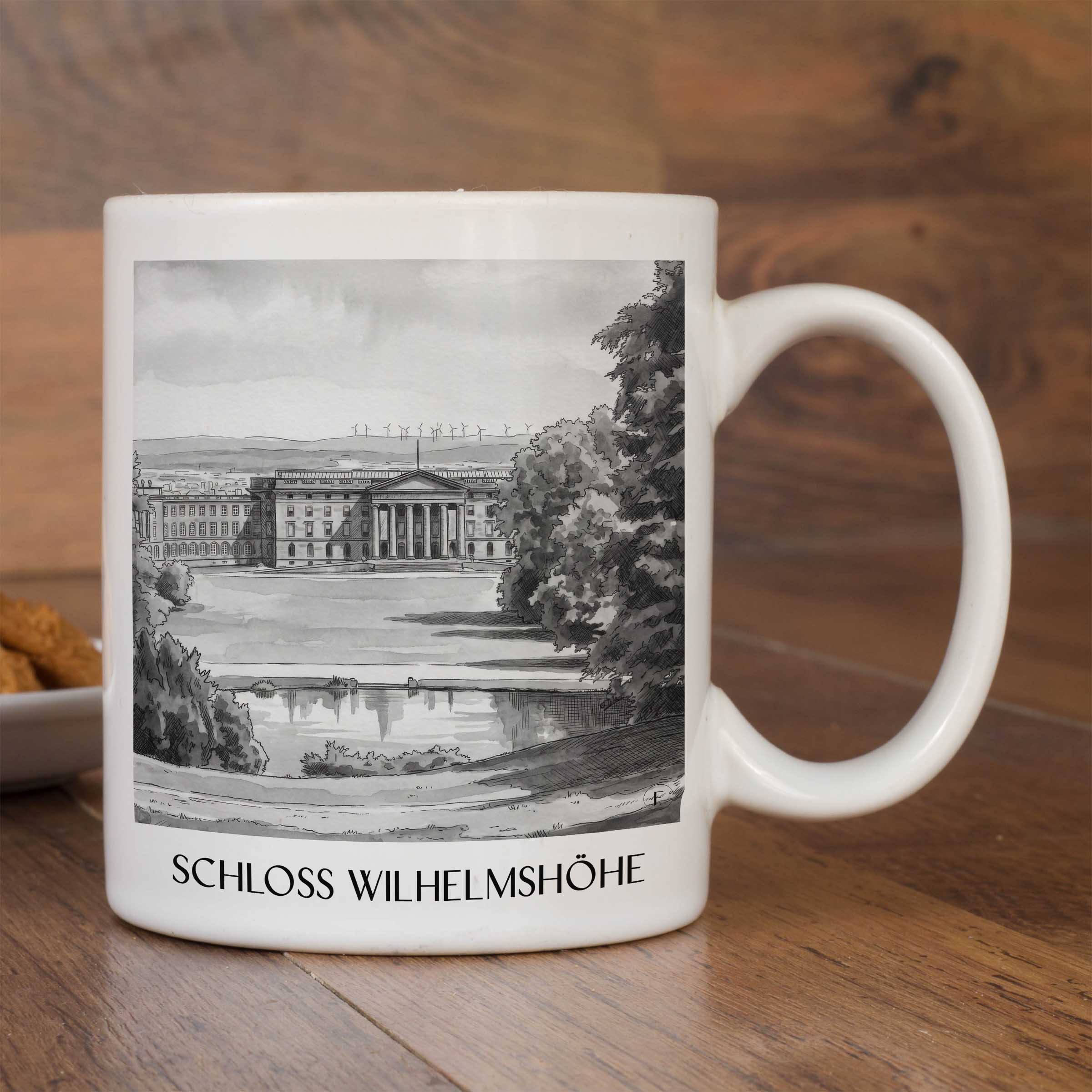 schloss-wilhelmshöhe-kassel-deutschland-kaffeebecher-aquarell-schwarz-weiss
