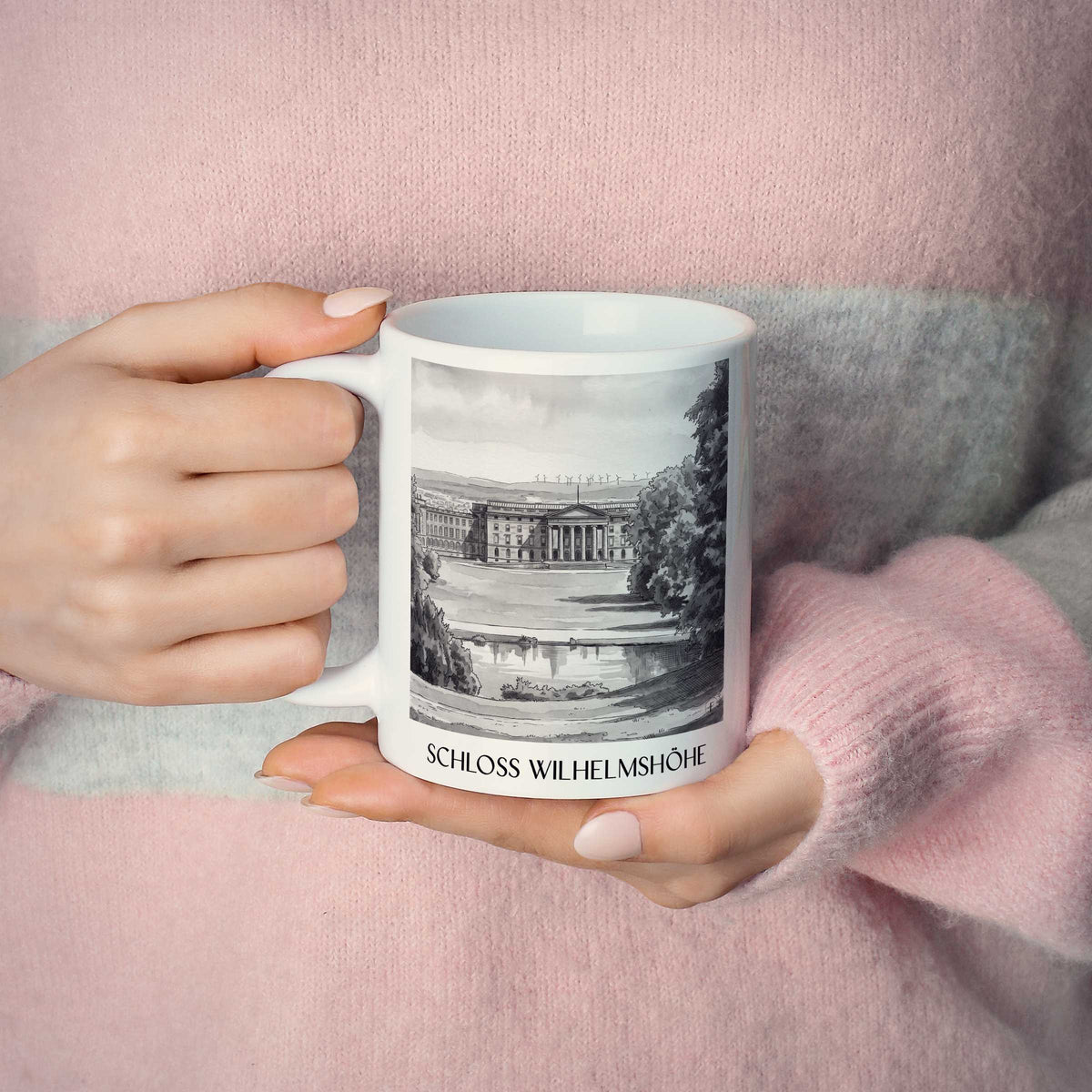 schloss-wilhelmshöhe-kassel-deutschland-kaffeebecher-aquarell-schwarz-weiss