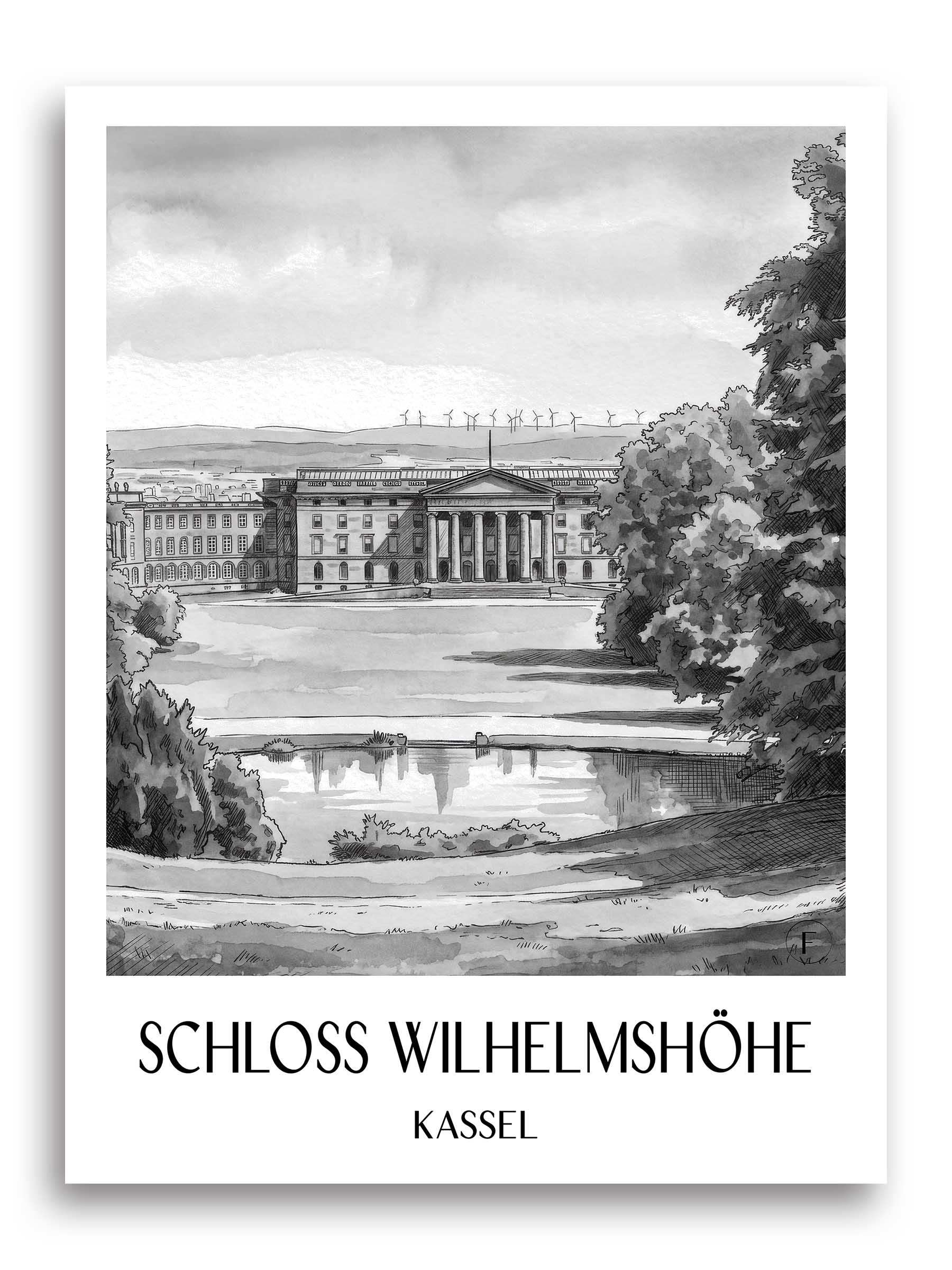 schloss-wilhelmshöhe-kassel-deutschland-poster-aquarell-schwarz-weiss