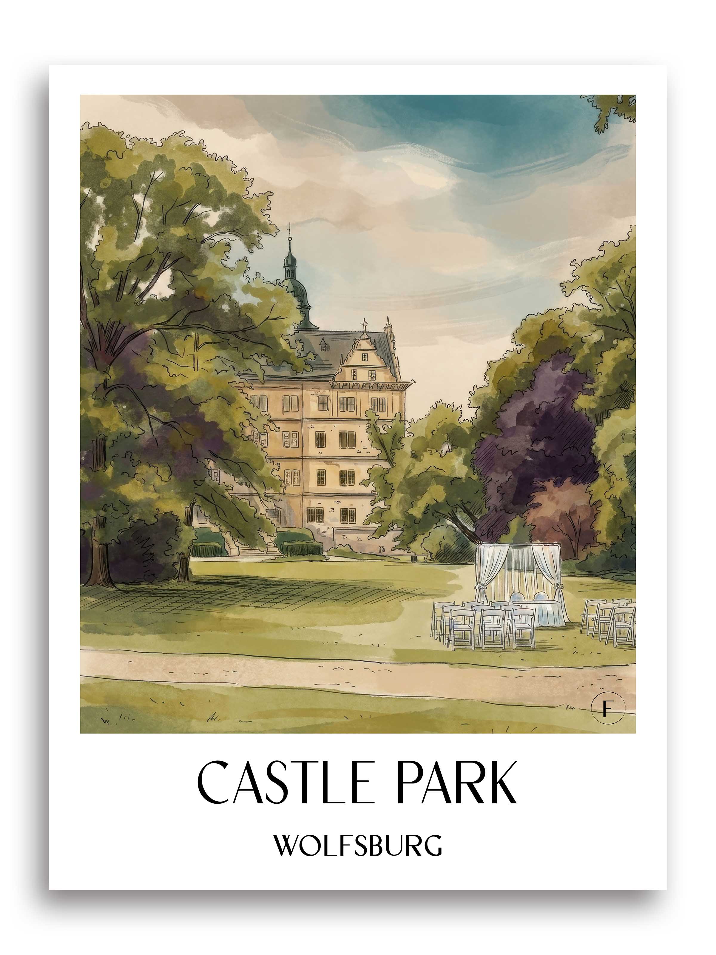 Schlosspark Poster - Wolfsburg - Deutschland Kunstdruck - Aquarell von A4 bis A1 - favplace