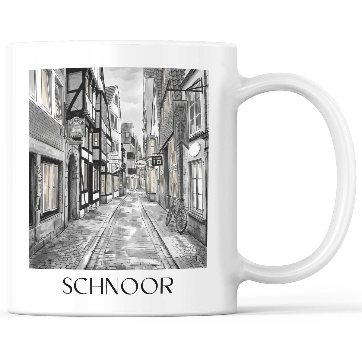 Schnoor Kaffeebecher - Bremen - Deutschland Becher - Kaffeetasse im Aquarell Schwarz-Weiß Stil - favplace