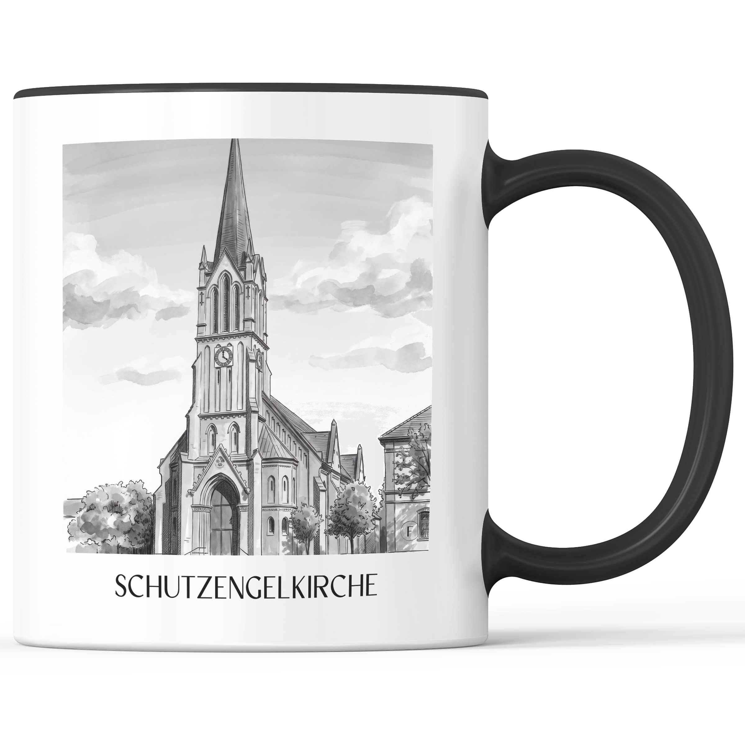 schutzengelkirche-brühl-deutschland-kaffeebecher-aquarell-schwarz-weiss