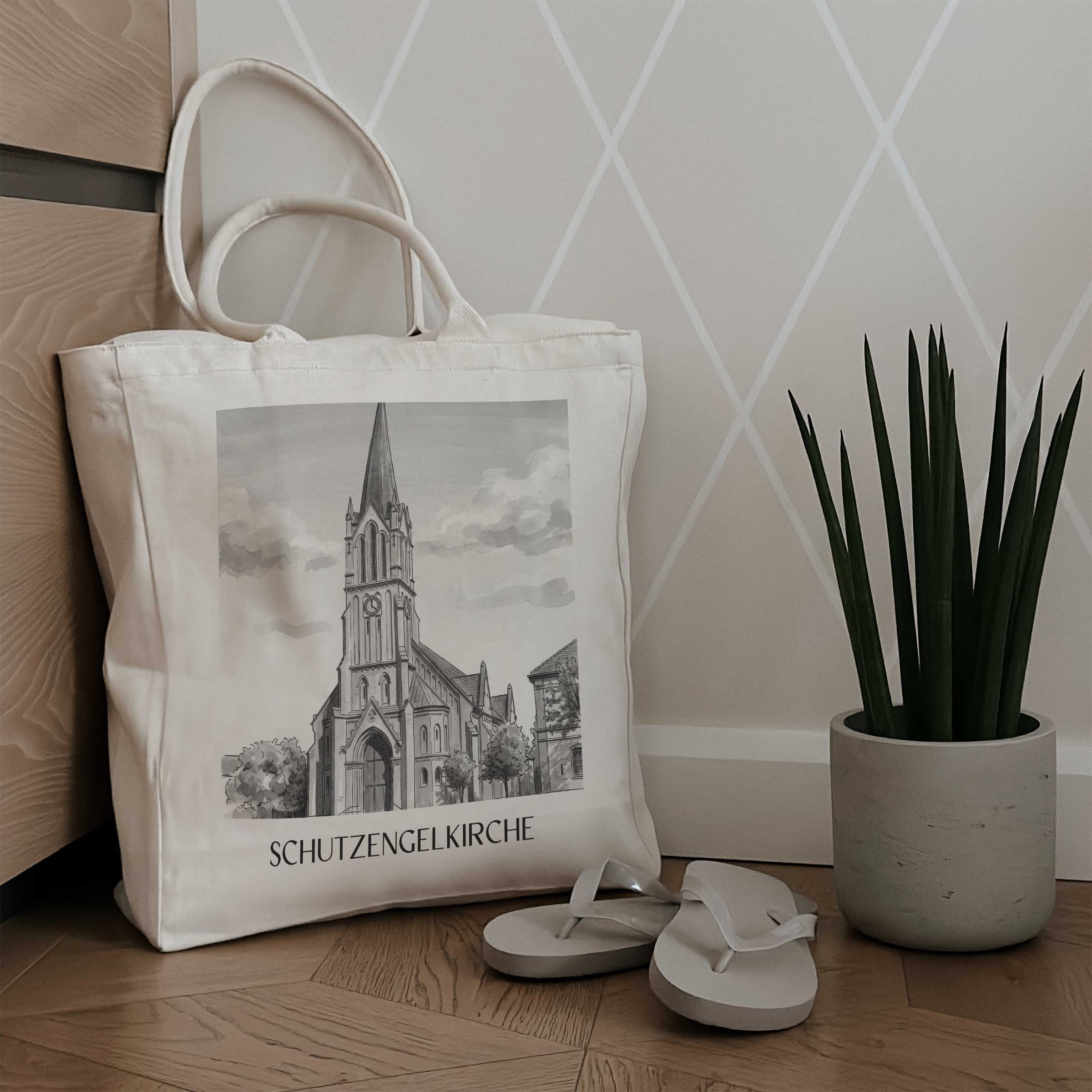 schutzengelkirche-brühl-deutschland-einkaufstasche-aquarell-schwarz-weiss