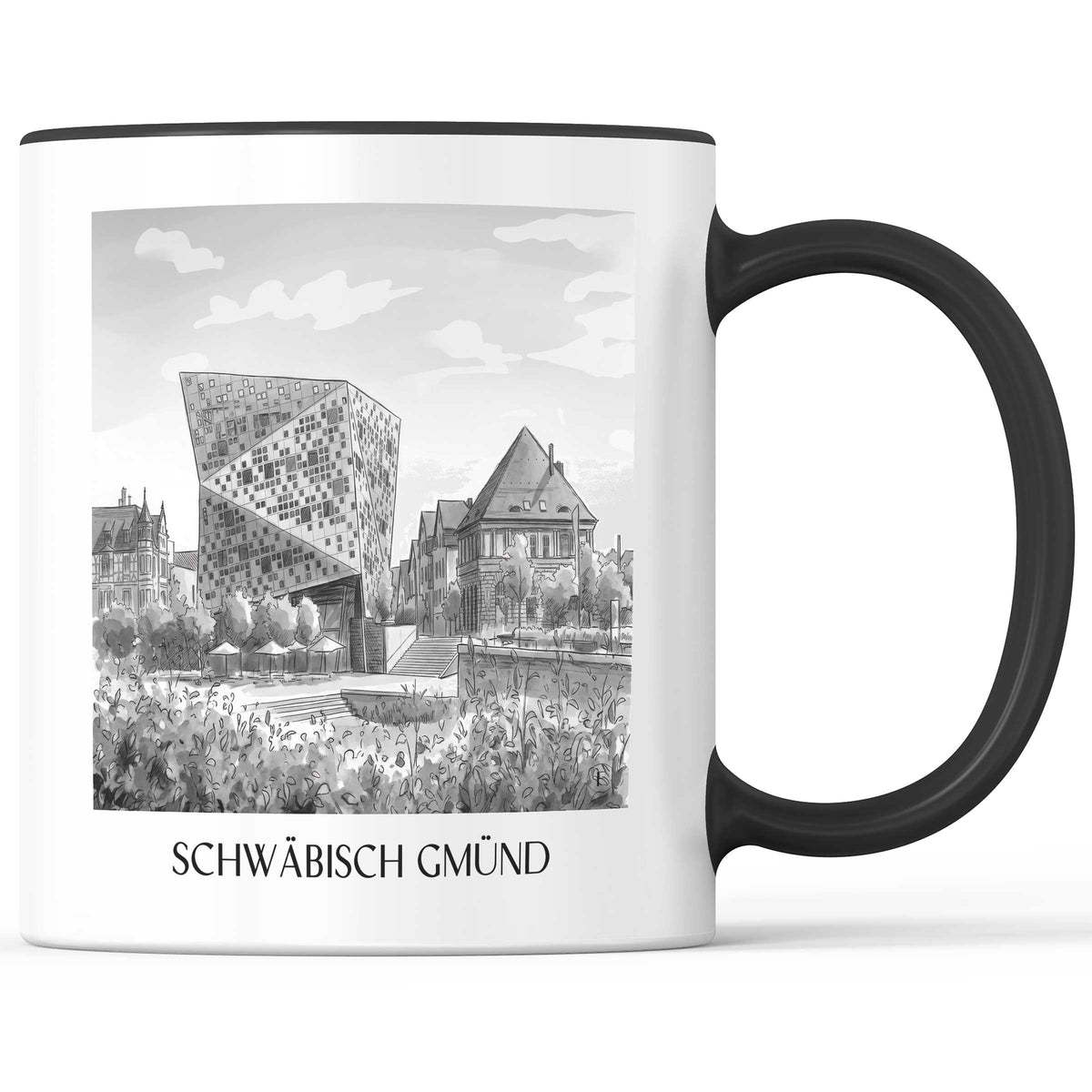 schwäbisch-gmünd-deutschland-kaffeebecher-aquarell-schwarz-weiss