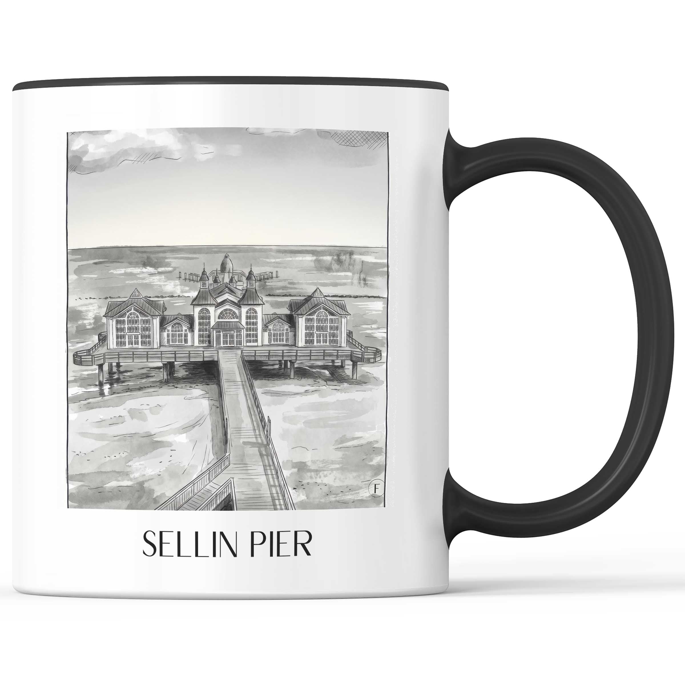 Seebrücke Sellin Kaffeebecher - Rügen - Deutschland Becher - Kaffeetasse im Aquarell Schwarz-Weiß Stil - favplace