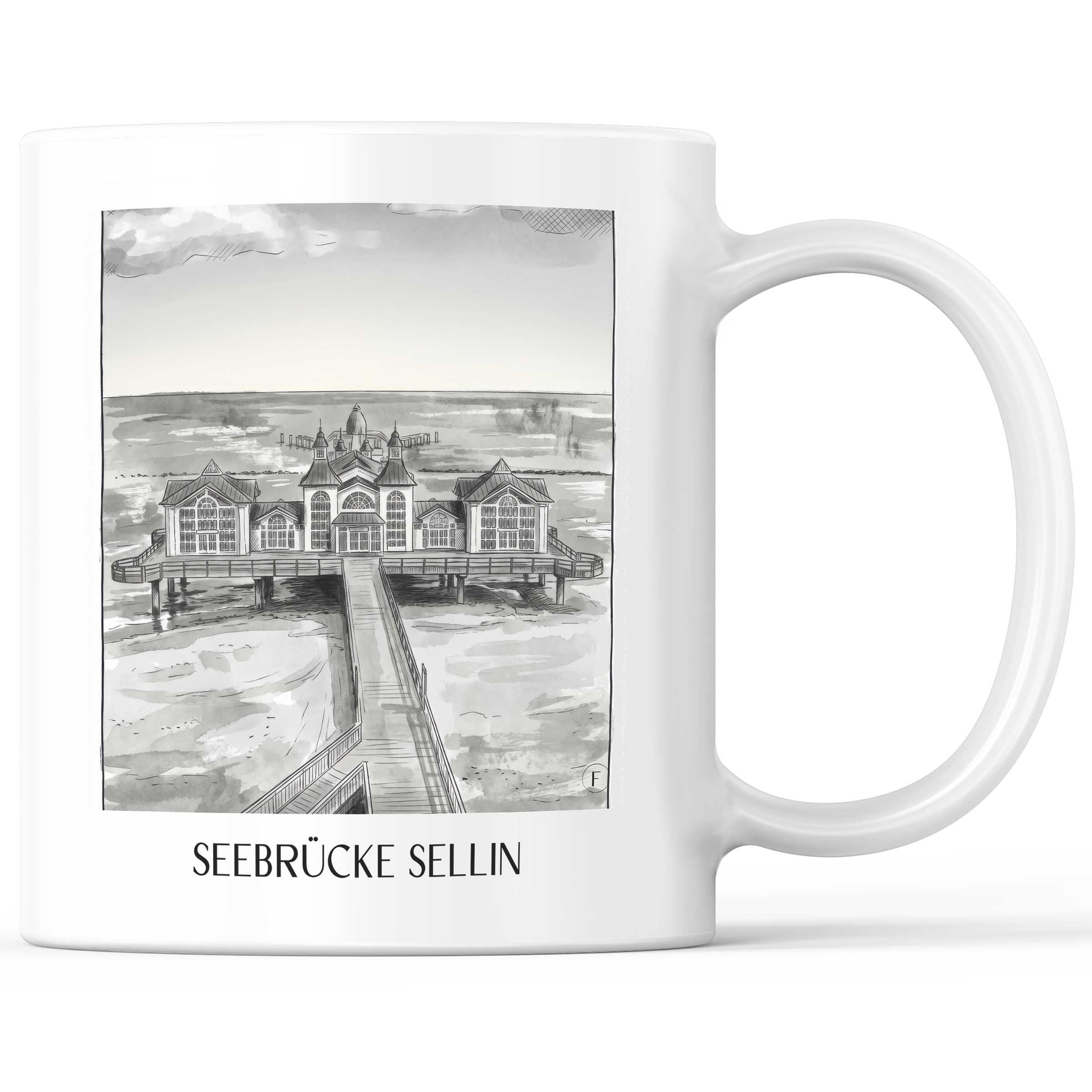 Seebrücke Sellin Kaffeebecher - Rügen - Deutschland Becher - Kaffeetasse im Aquarell Schwarz-Weiß Stil - favplace