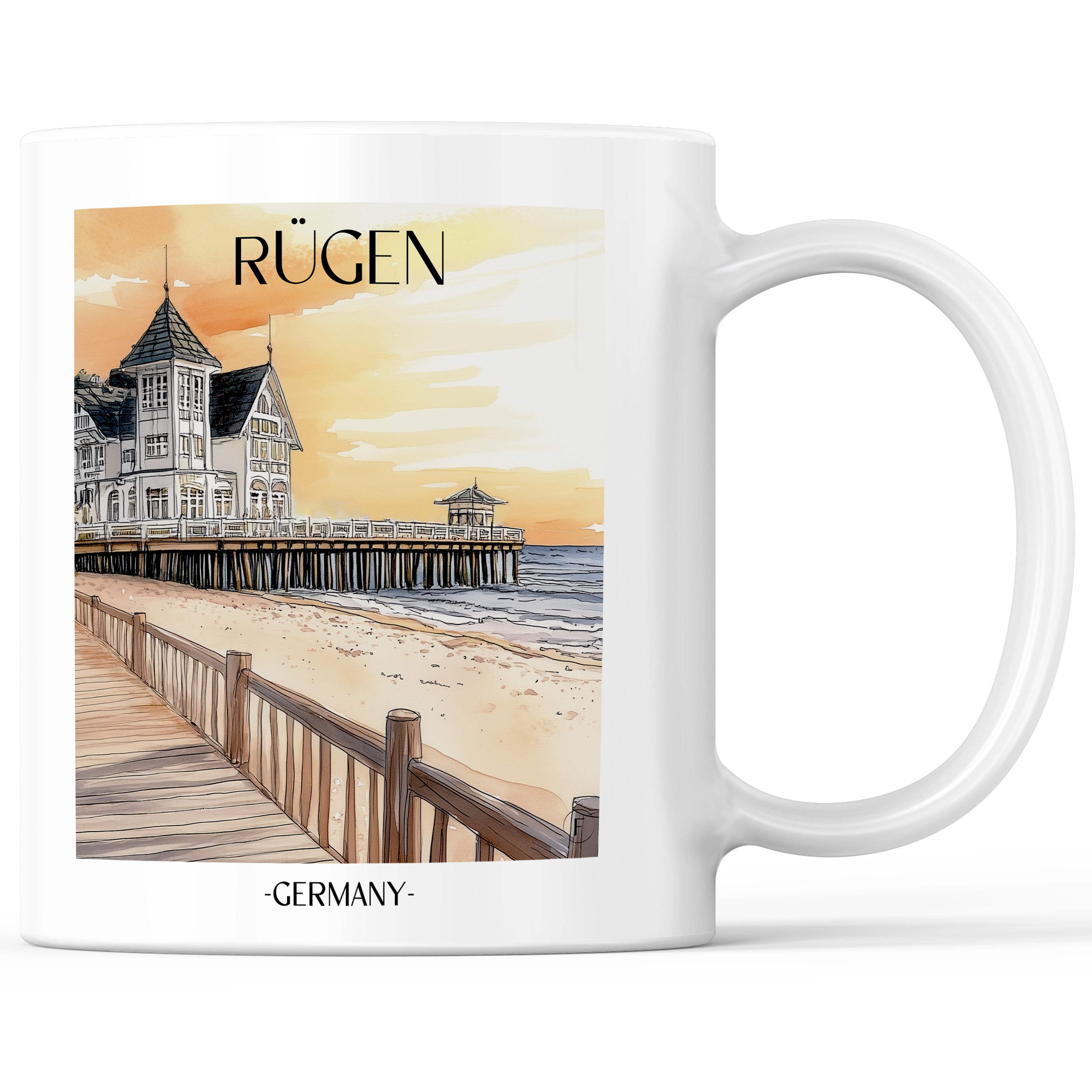 Seebrücke Sellin Kaffeebecher - Rügen - Deutschland Becher - Kaffeetasse im Aquarell Stil - favplace