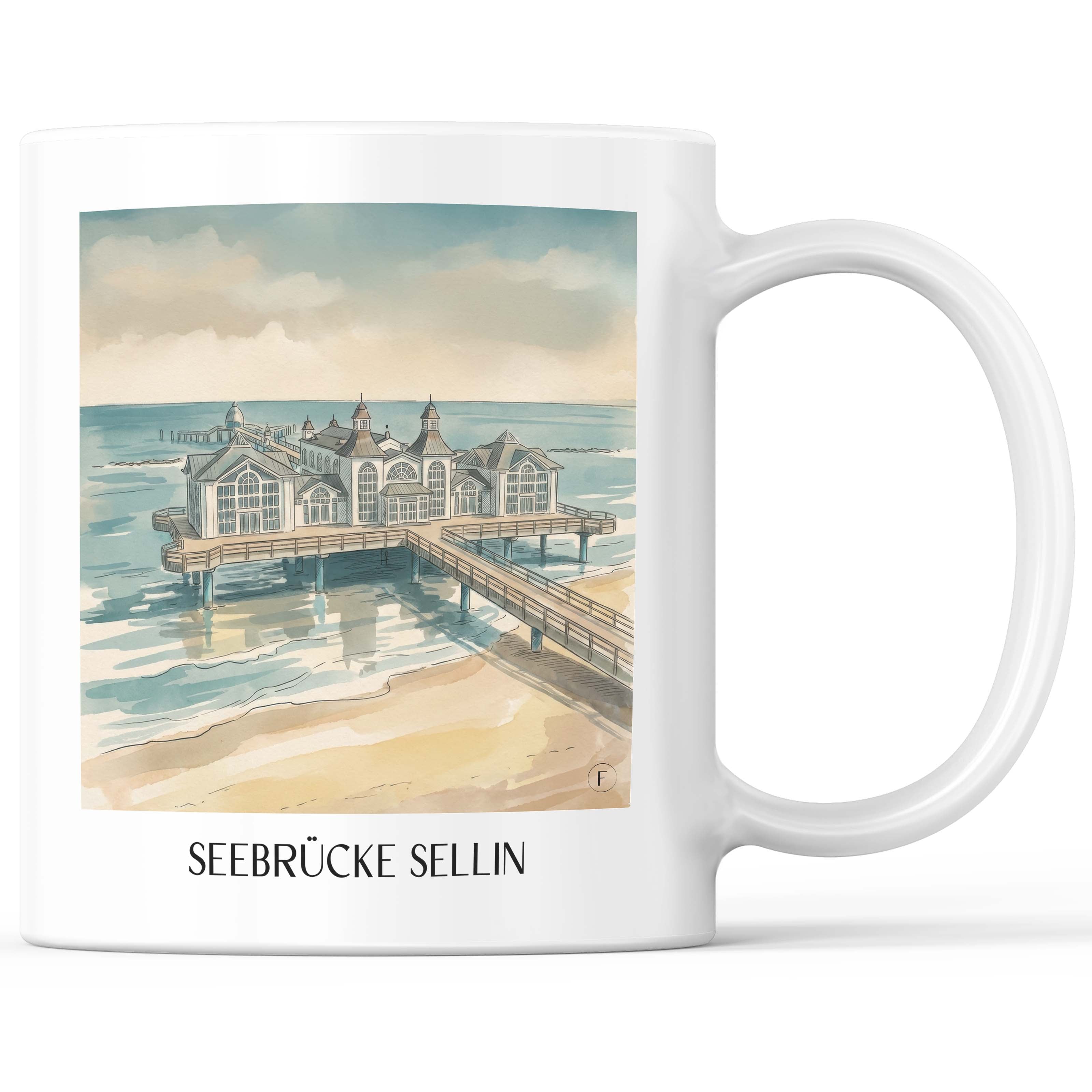 Seebrücke Sellin Kaffeebecher - Rügen - Deutschland Becher - Kaffeetasse im Aquarell Stil - favplace