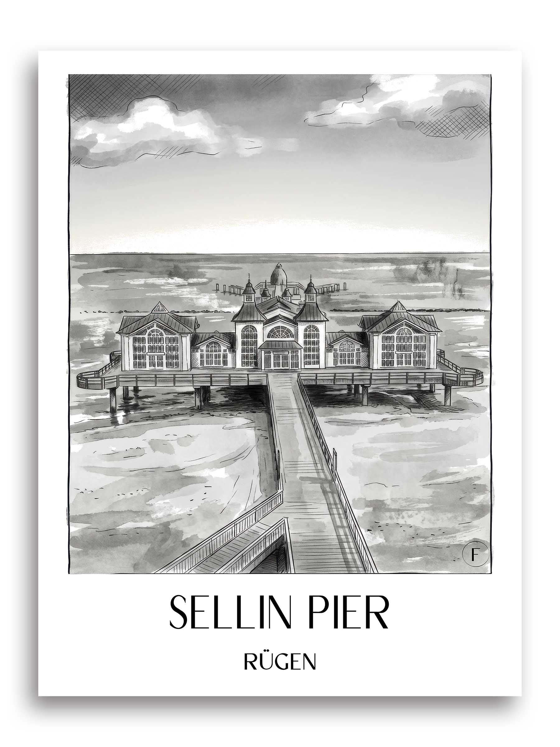 Seebrücke Sellin Poster - Rügen - Deutschland Kunstdruck - Aquarell Schwarz-Weiß von A4 bis A1 - favplace