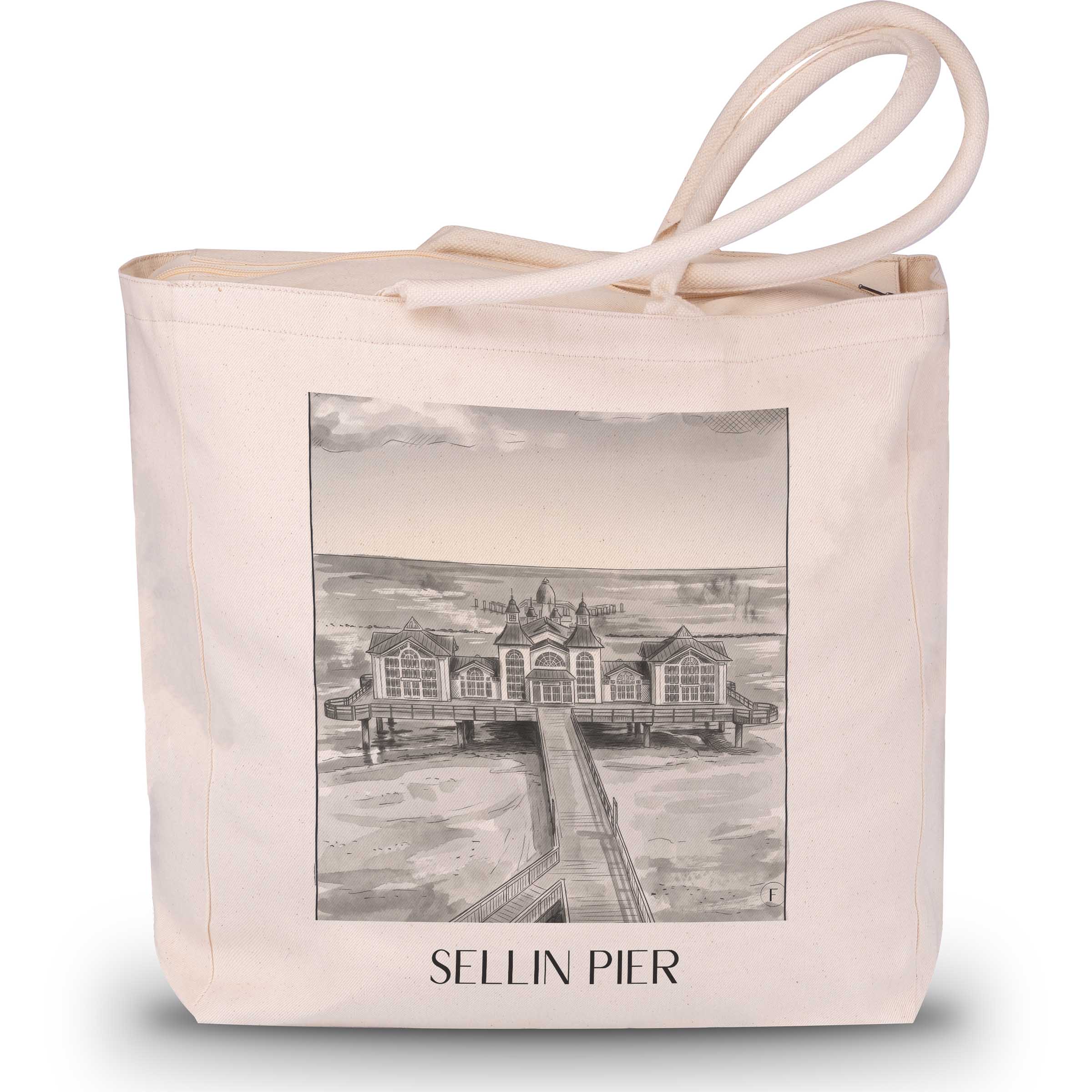 Seebrücke Sellin Shopping Tasche - Rügen - Deutschland Tote Bag - Einkaufstasche im Aquarell Schwarz-Weiß Stil - favplace