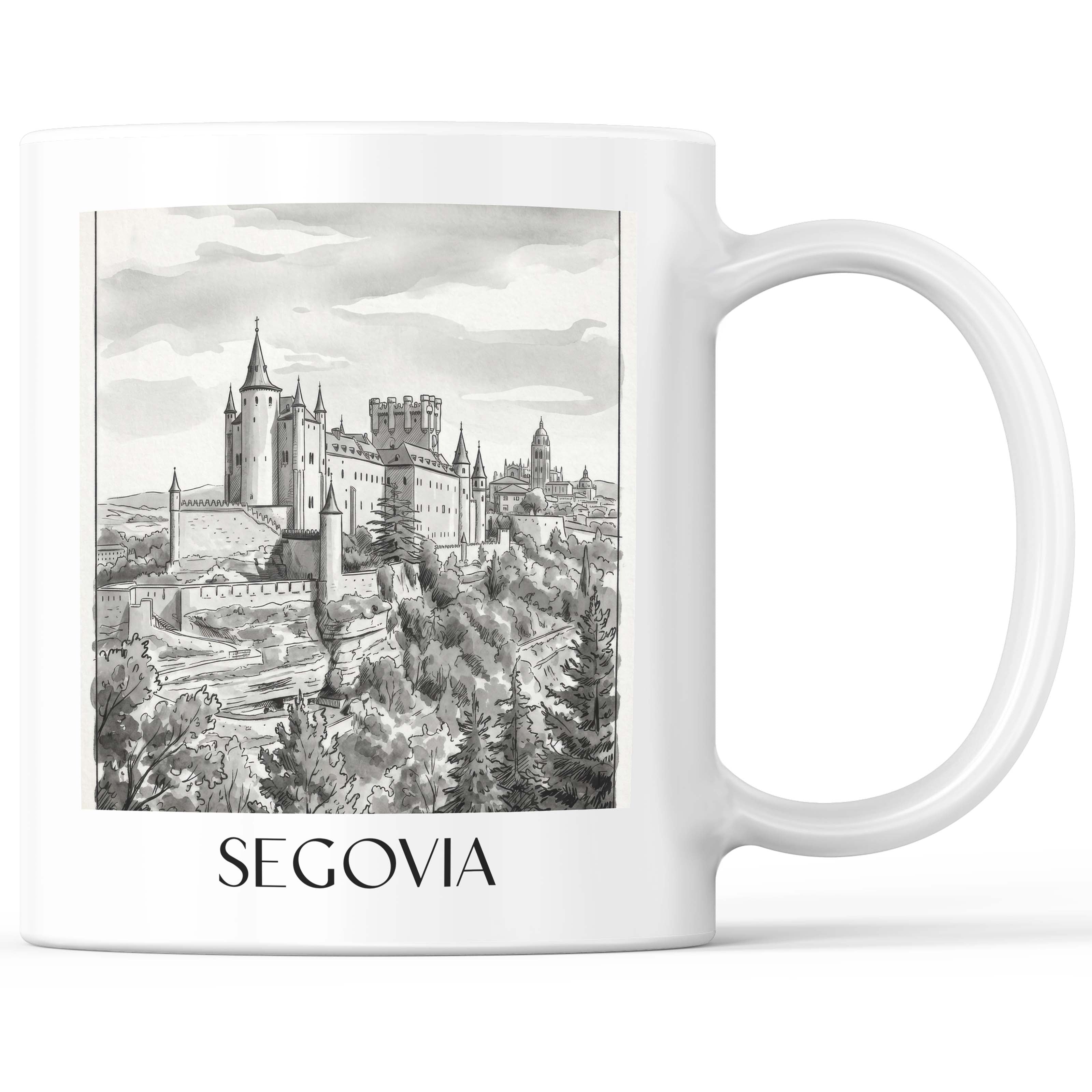 Segovia Kaffeebecher - Spanien - Spanien Becher - Kaffeetasse im Aquarell Schwarz-Weiß Stil - favplace