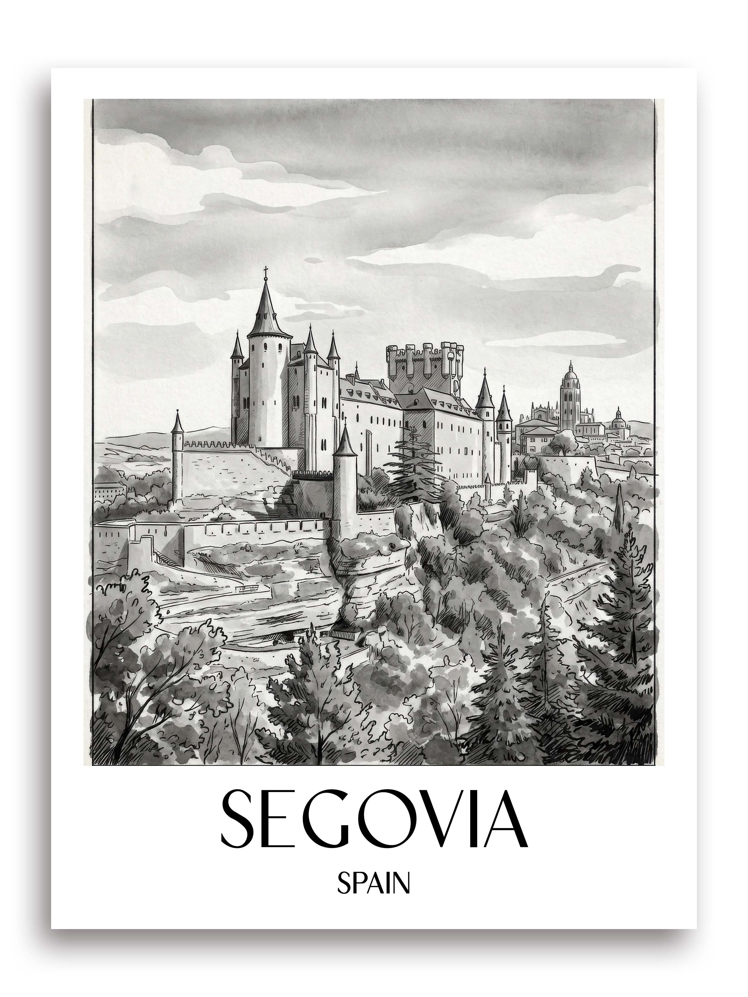 Segovia Poster - Spanien - Spanien Kunstdruck - Aquarell Schwarz-Weiß von A4 bis A1 - favplace