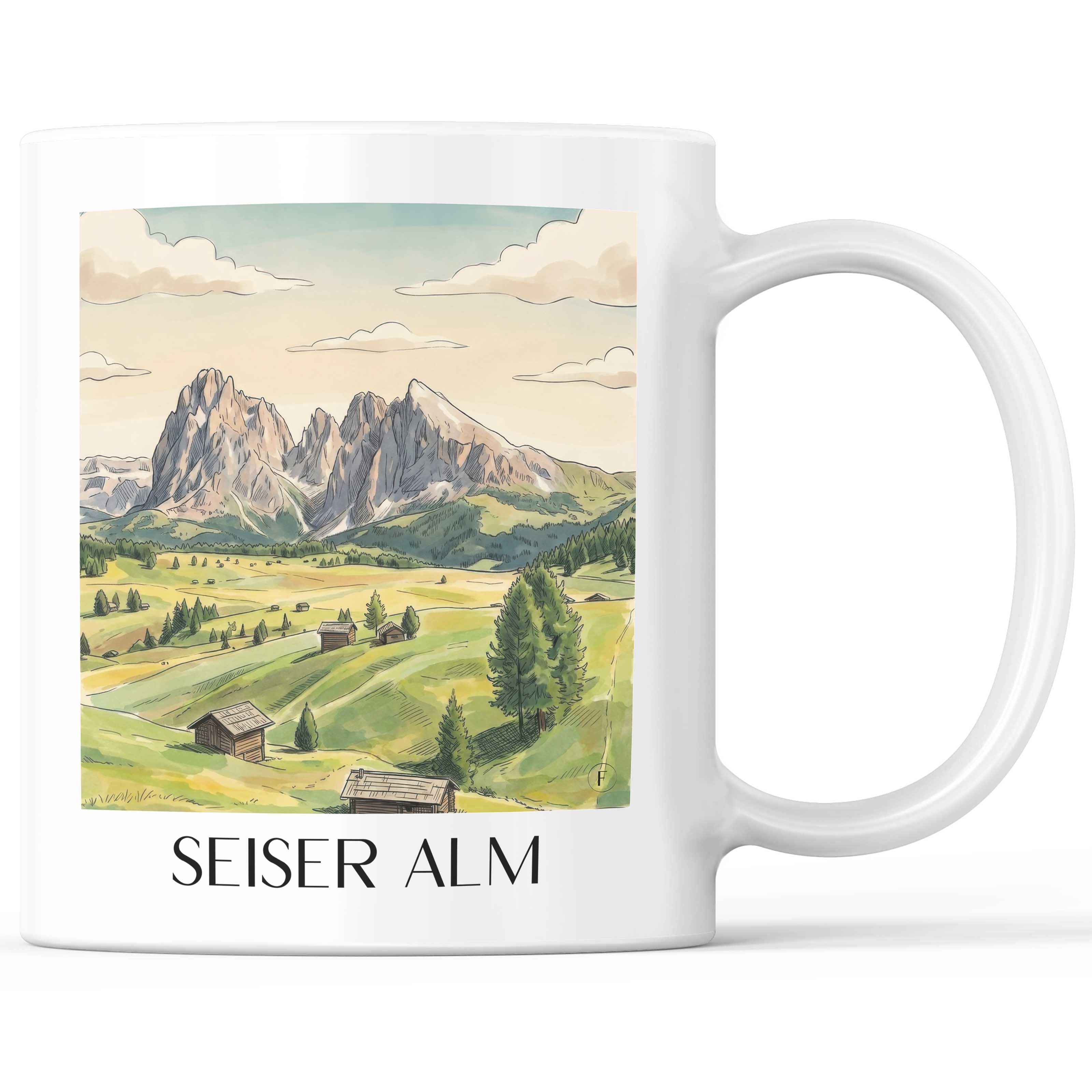Seiser Alm Kaffeebecher - Dolomiten - Italien Becher - Kaffeetasse im Aquarell Stil - favplace