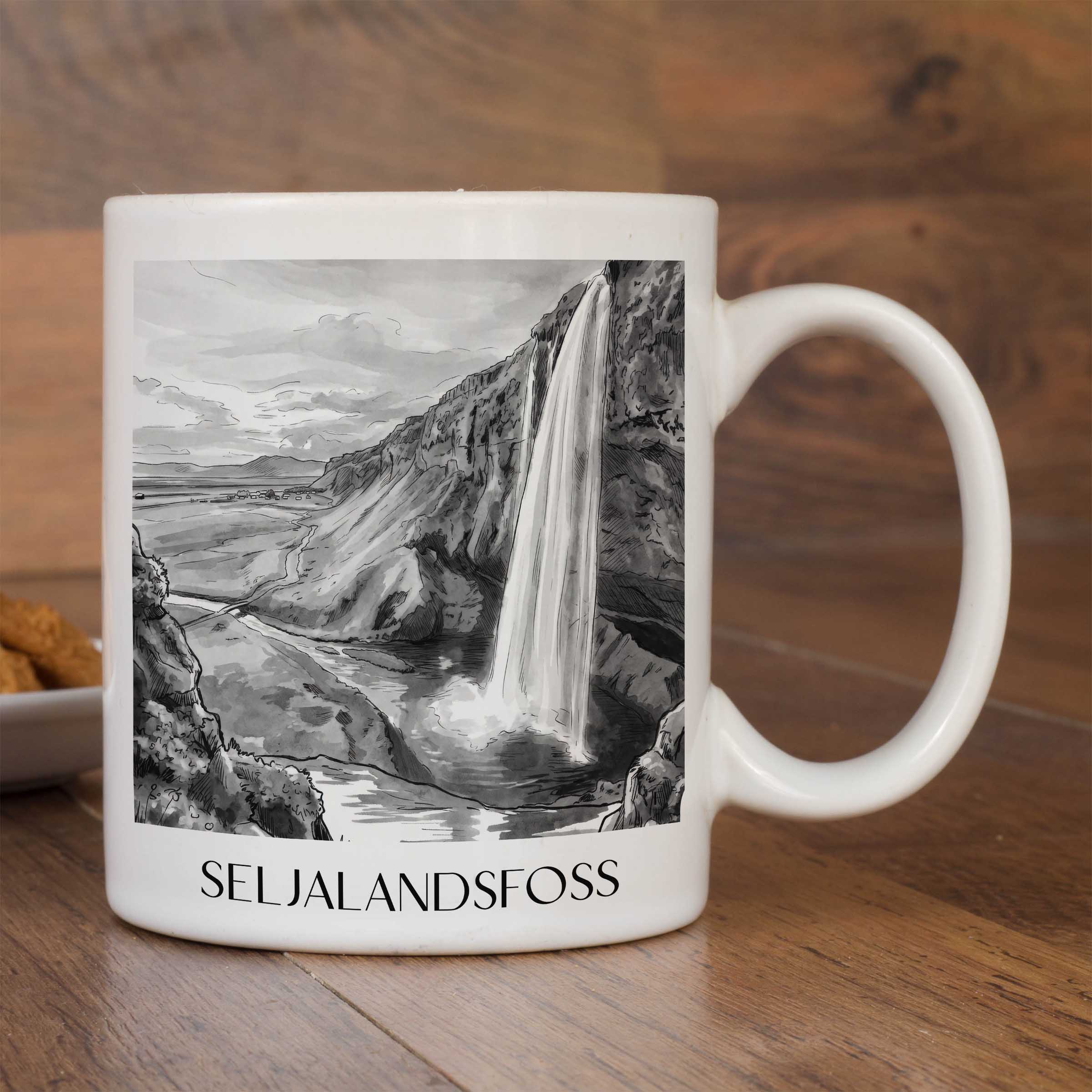 seljalandsfoss-island-kaffeebecher-aquarell-schwarz-weiss