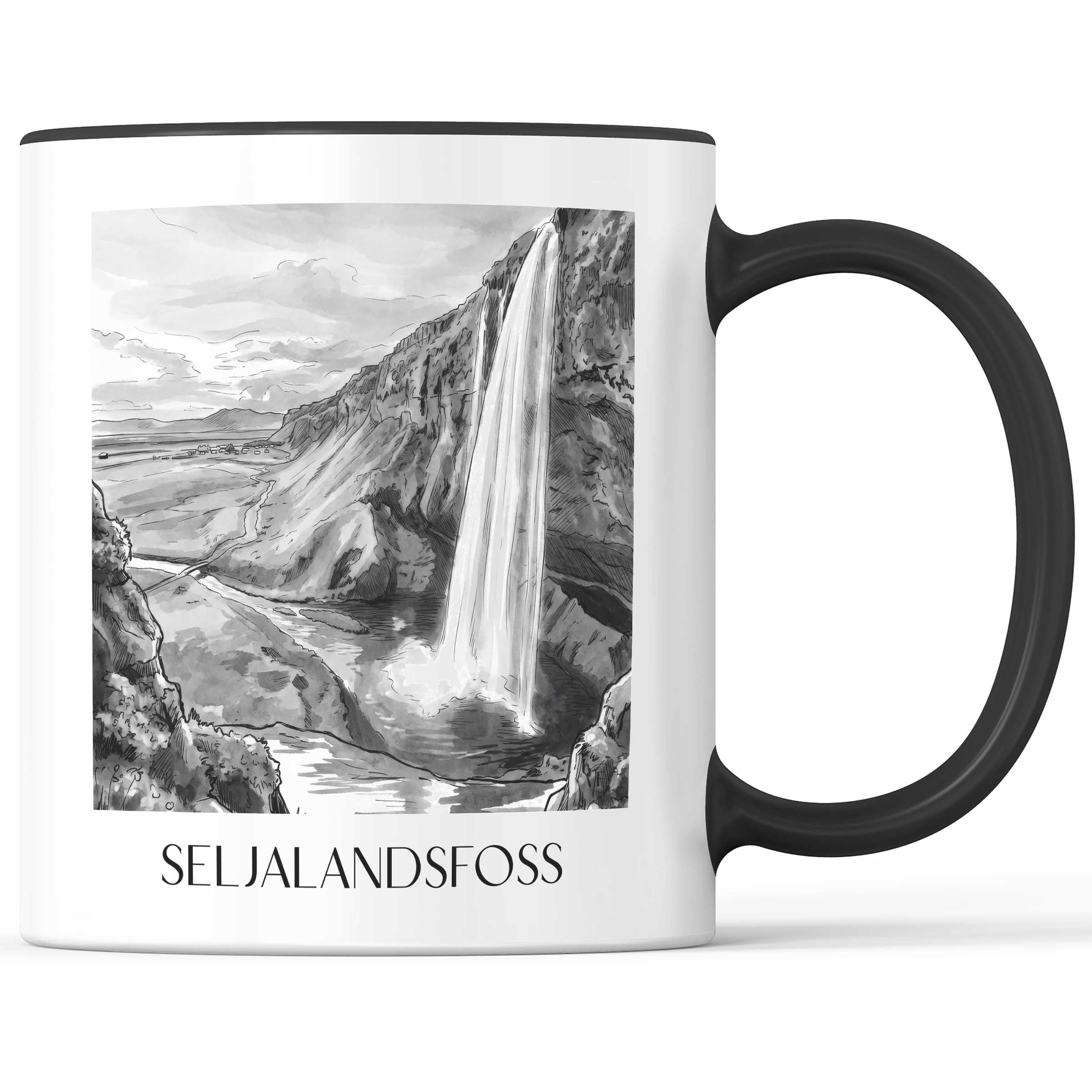 Seljalandsfoss - Island Becher - Kaffeetasse im Aquarell Schwarz-Weiß Stil - favplace