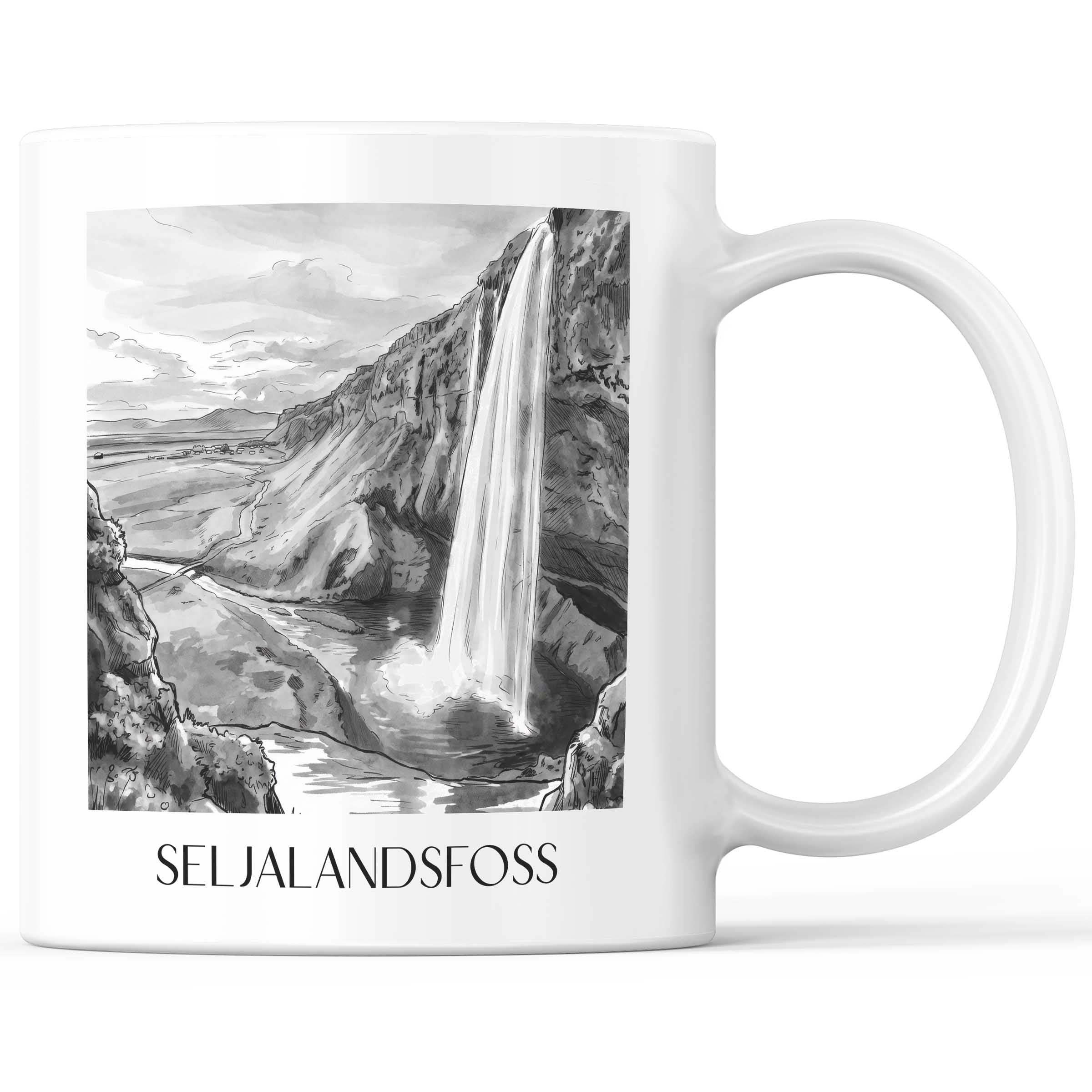 Seljalandsfoss - Island Becher - Kaffeetasse im Aquarell Schwarz-Weiß Stil - favplace